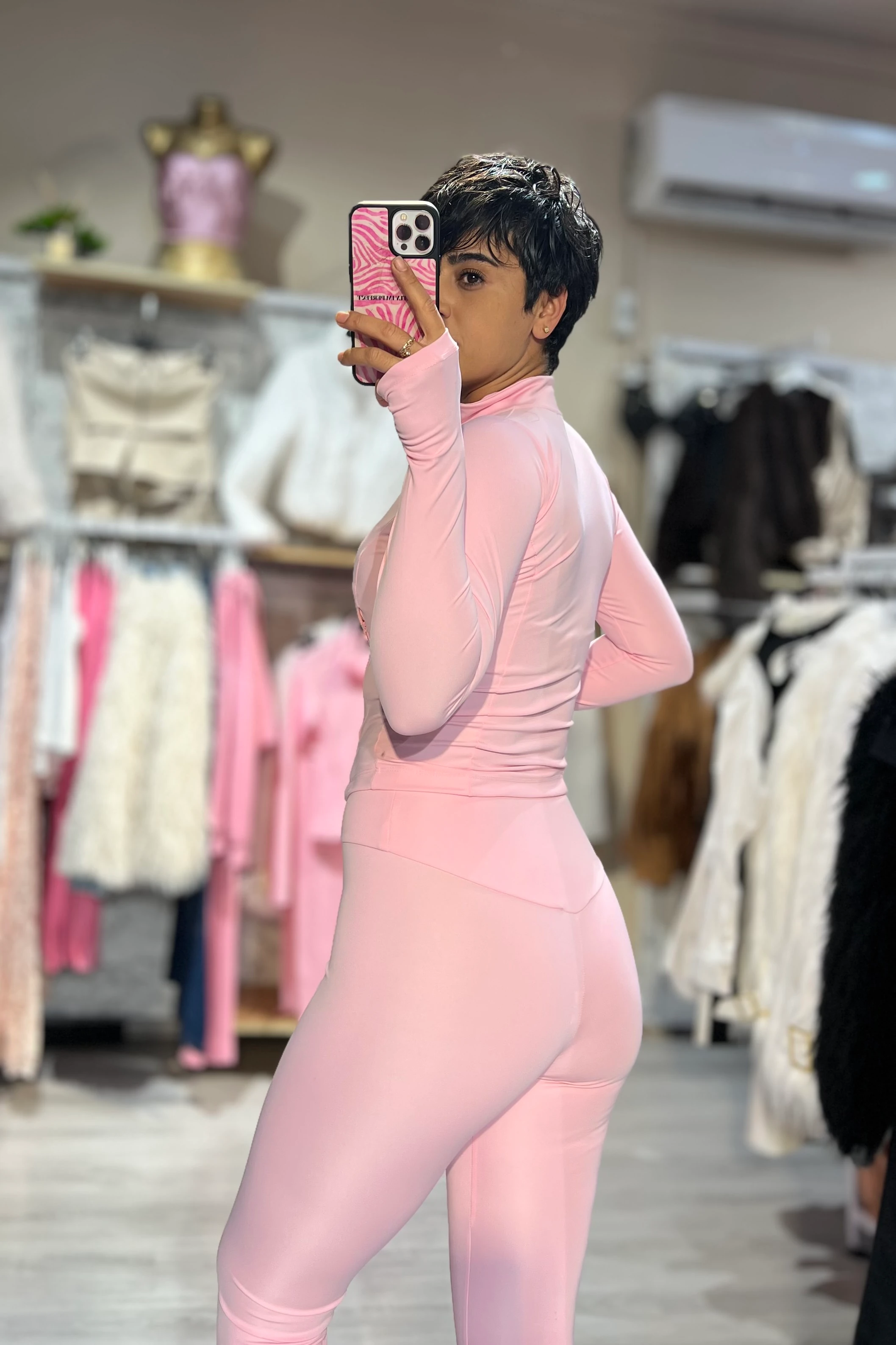 LunaForm Fermuarlı Parmak Geçmeli Sweathirt Tayt Takım  - PEMBE