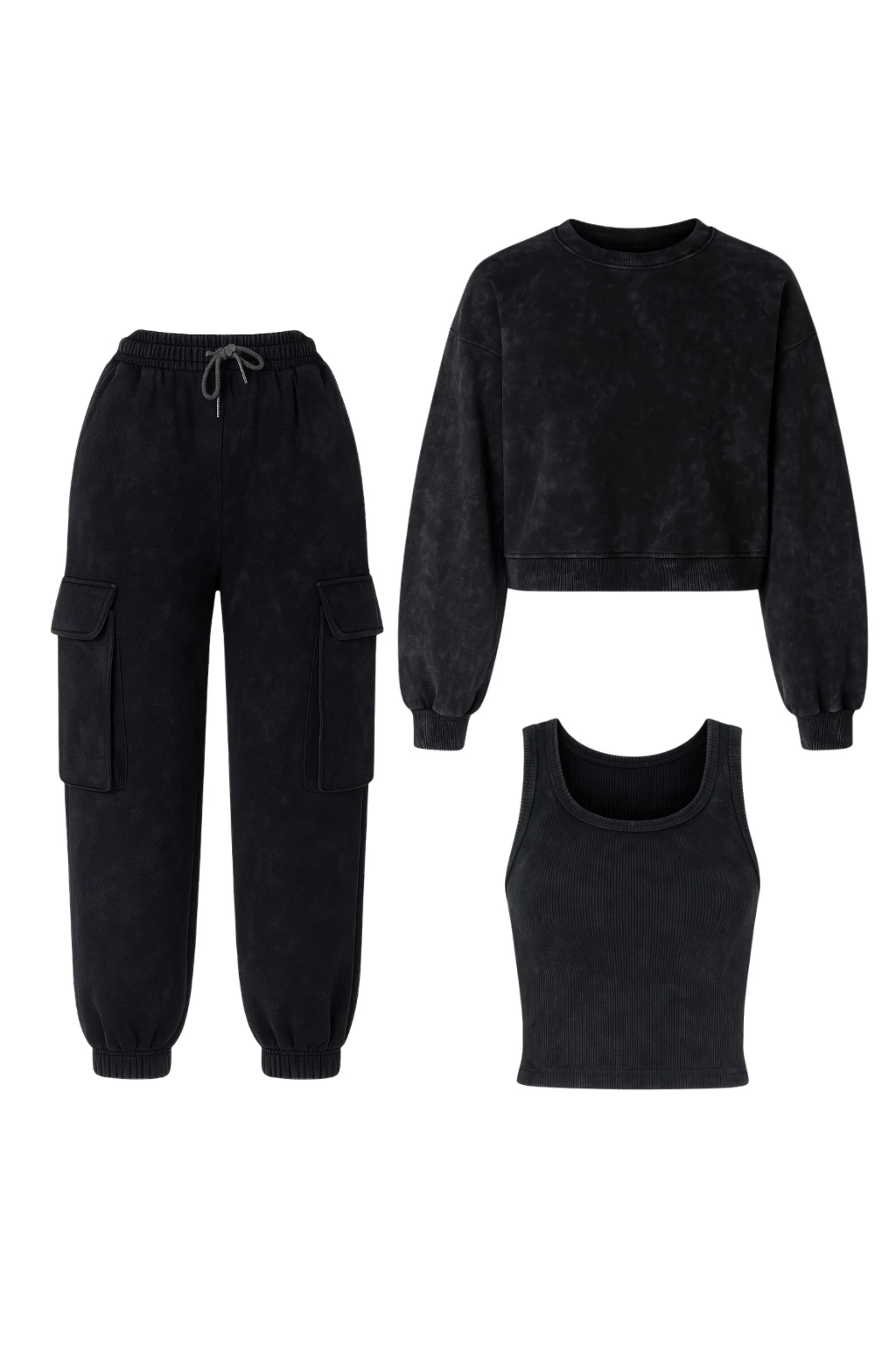 Siyah Yıkamalı 3’lü Kargo Cepli Eşofman Takımı 