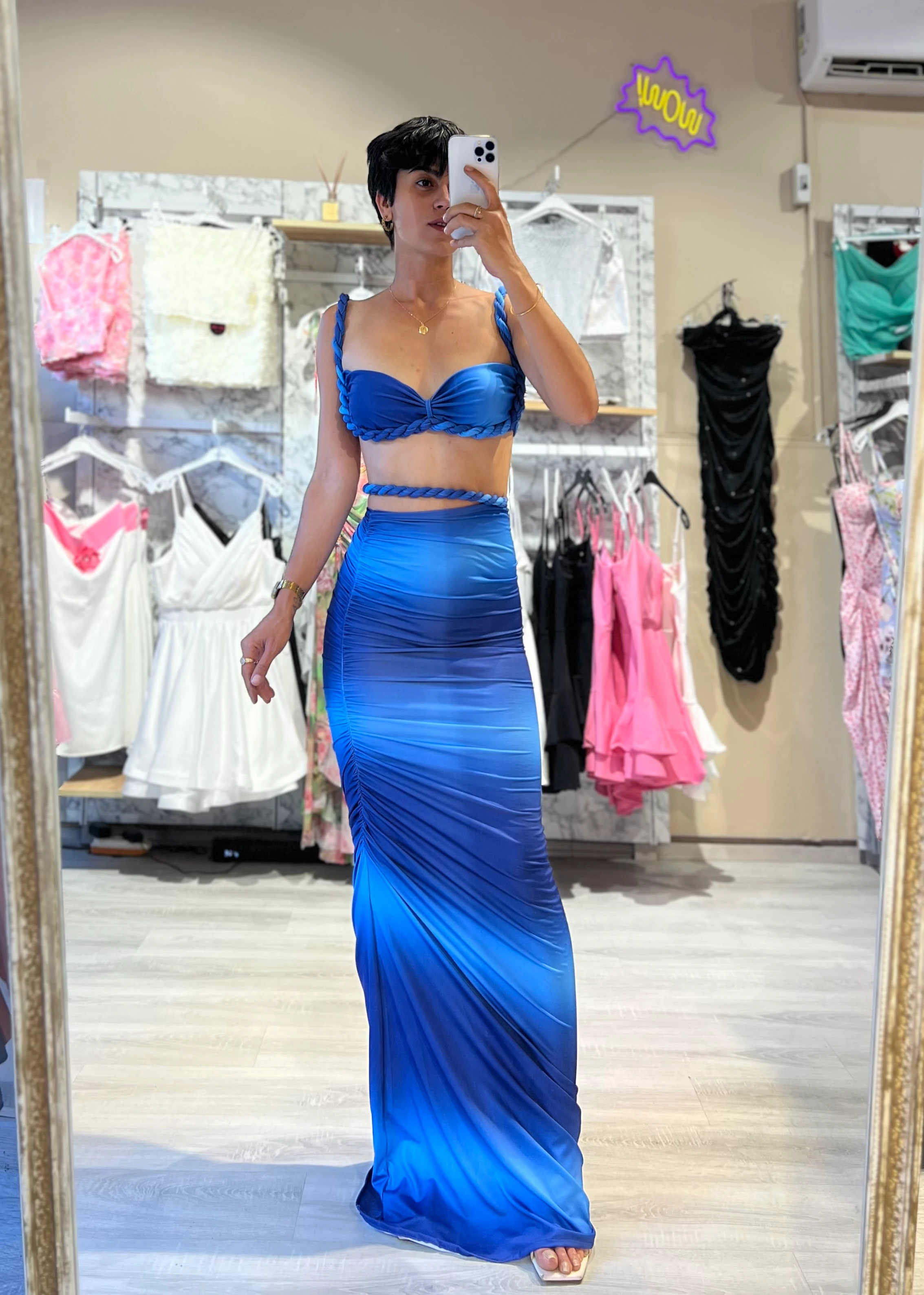 Tasarım Örgü Detaylı Büstiyer & Etek Takım - MAVİ