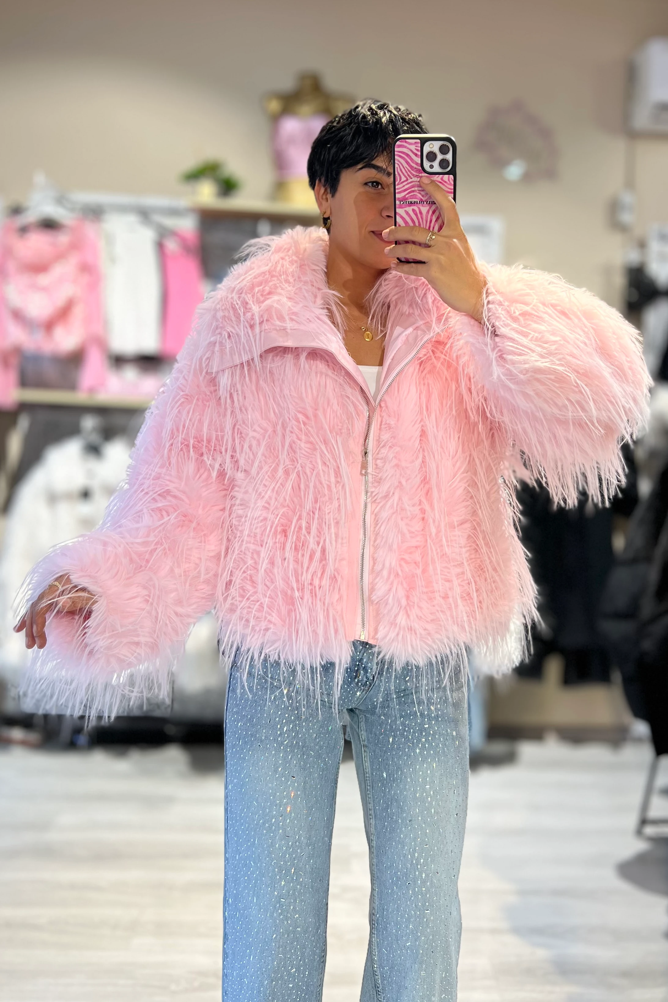 Luxury İthal Pembe Şal Yaka Suni Kürk Mont 