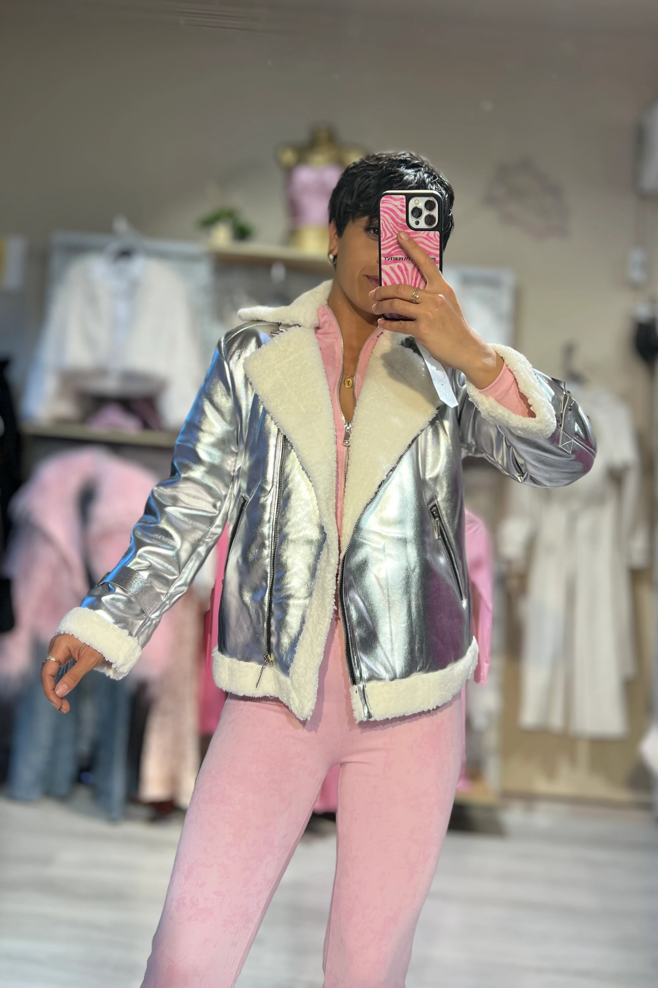 Belinda Parlak Deri Ceket  - SİLVER