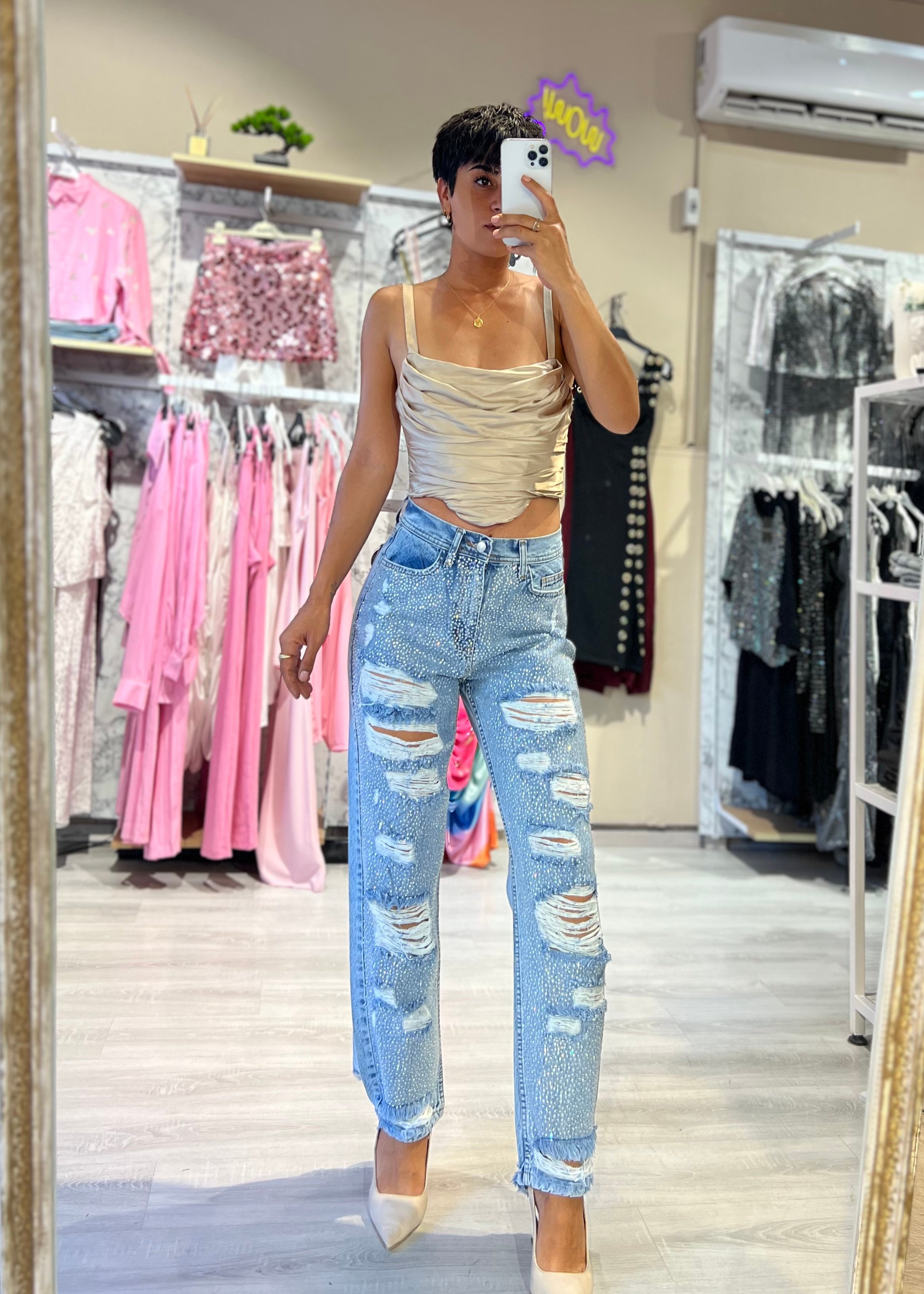 Mavi Taşlı  Lazer Kesim Jean Pantolon