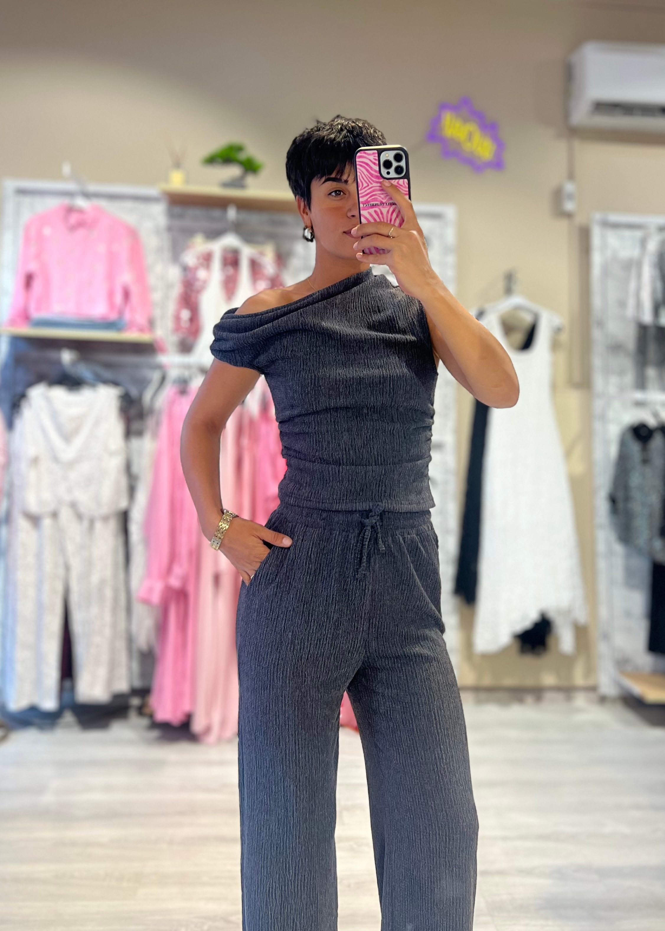 Düşük Omuz Bluz & Pantolon Takım