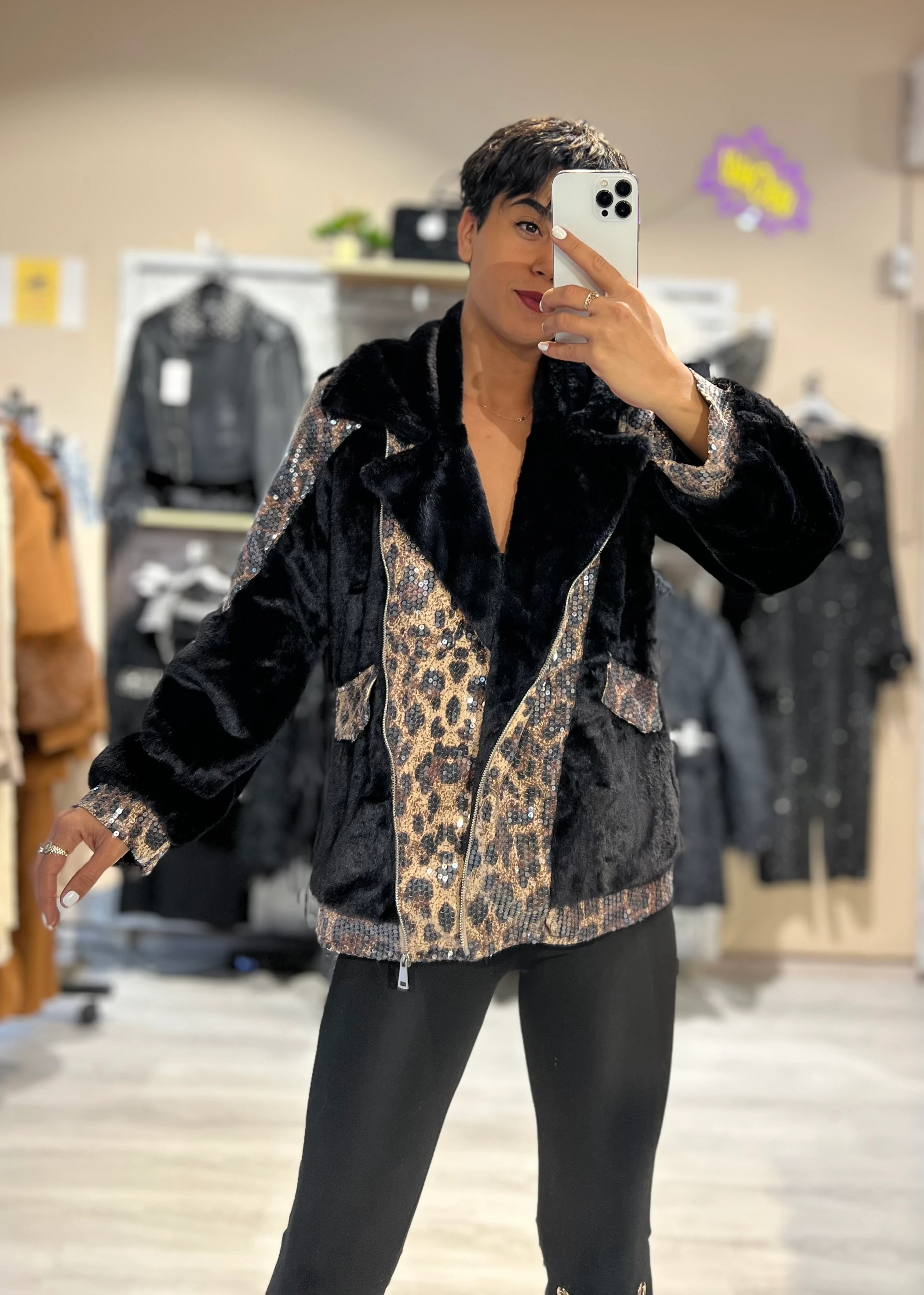 PulPayet Leopar Desenli Peluş Mont 