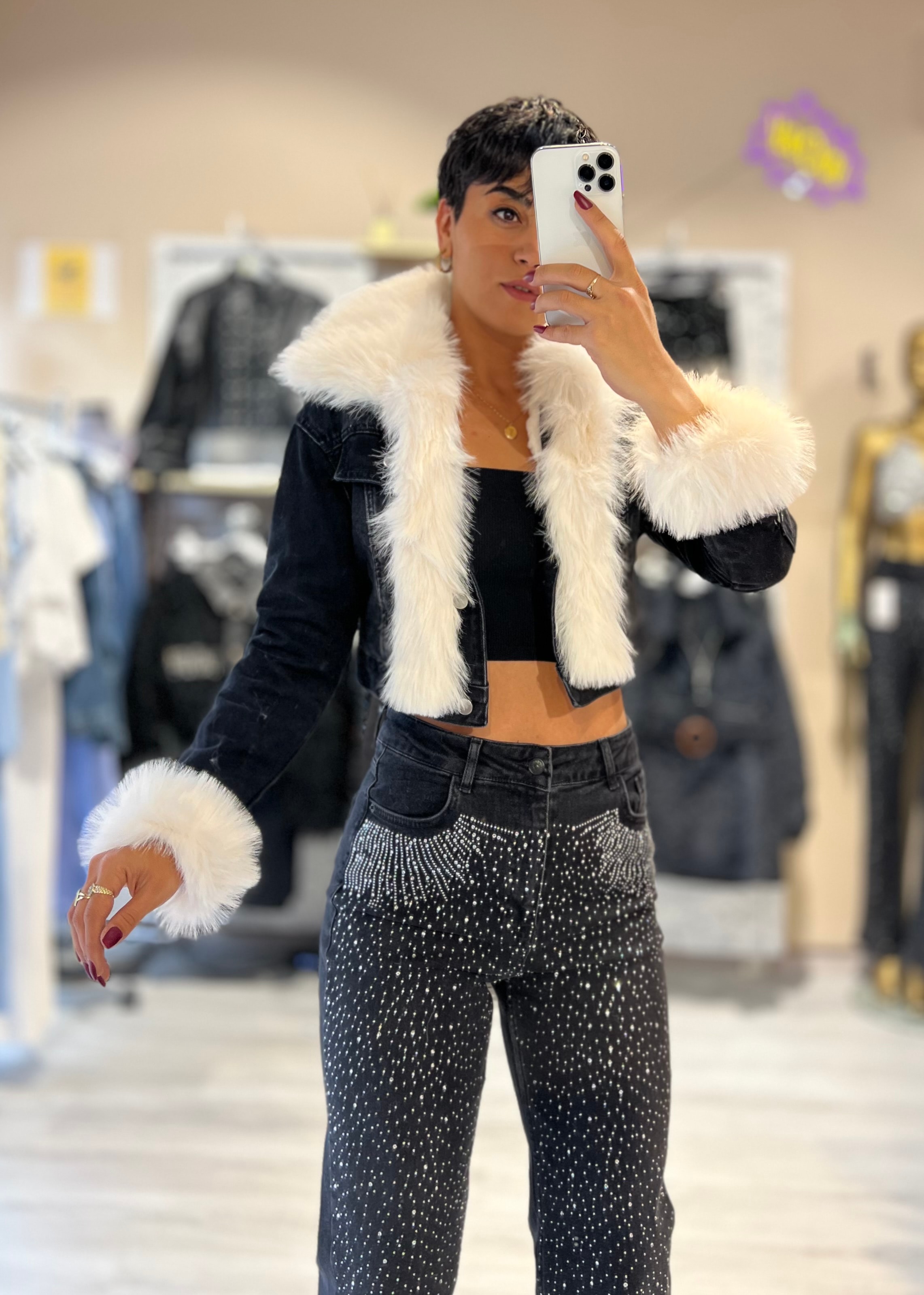 Suni Kürklü Yaka ve Kol Çıkabilen Denim Mont  - SİYAH