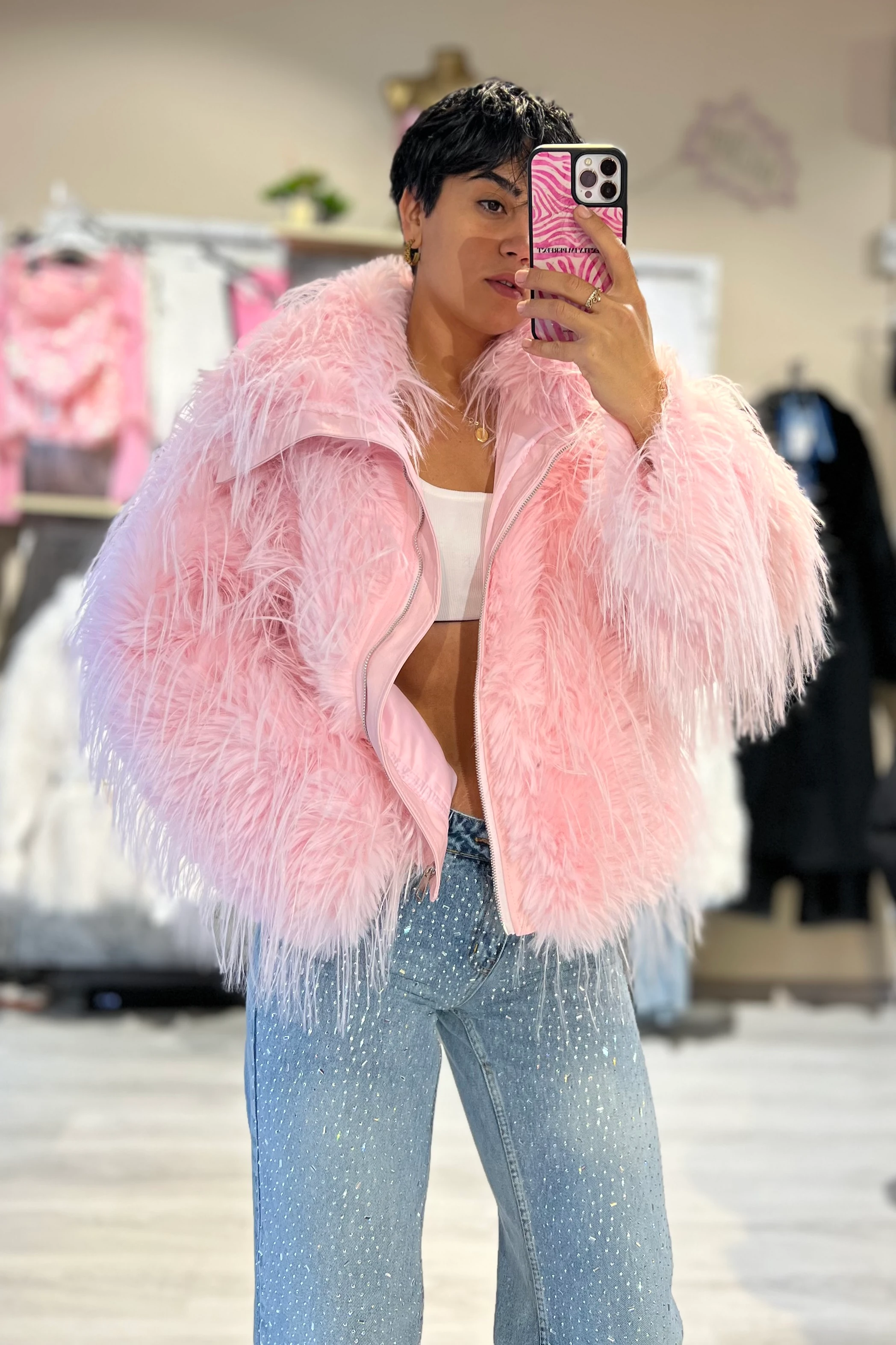 Luxury İthal Pembe Şal Yaka Suni Kürk Mont 