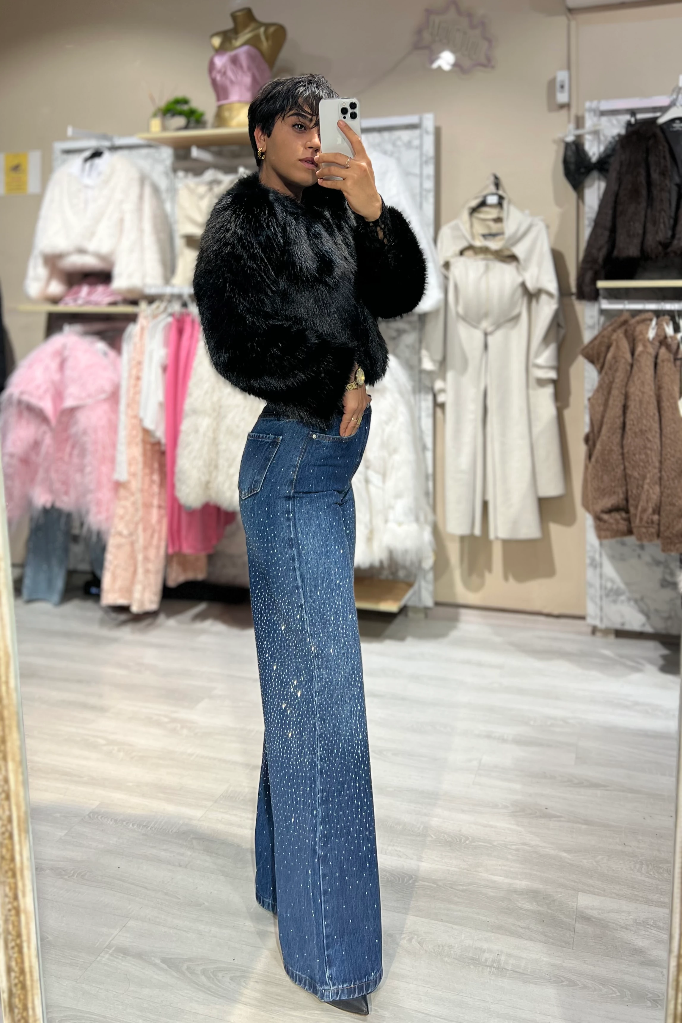 Mavi Ful Taşlı Palazzo Jean Pantolon 