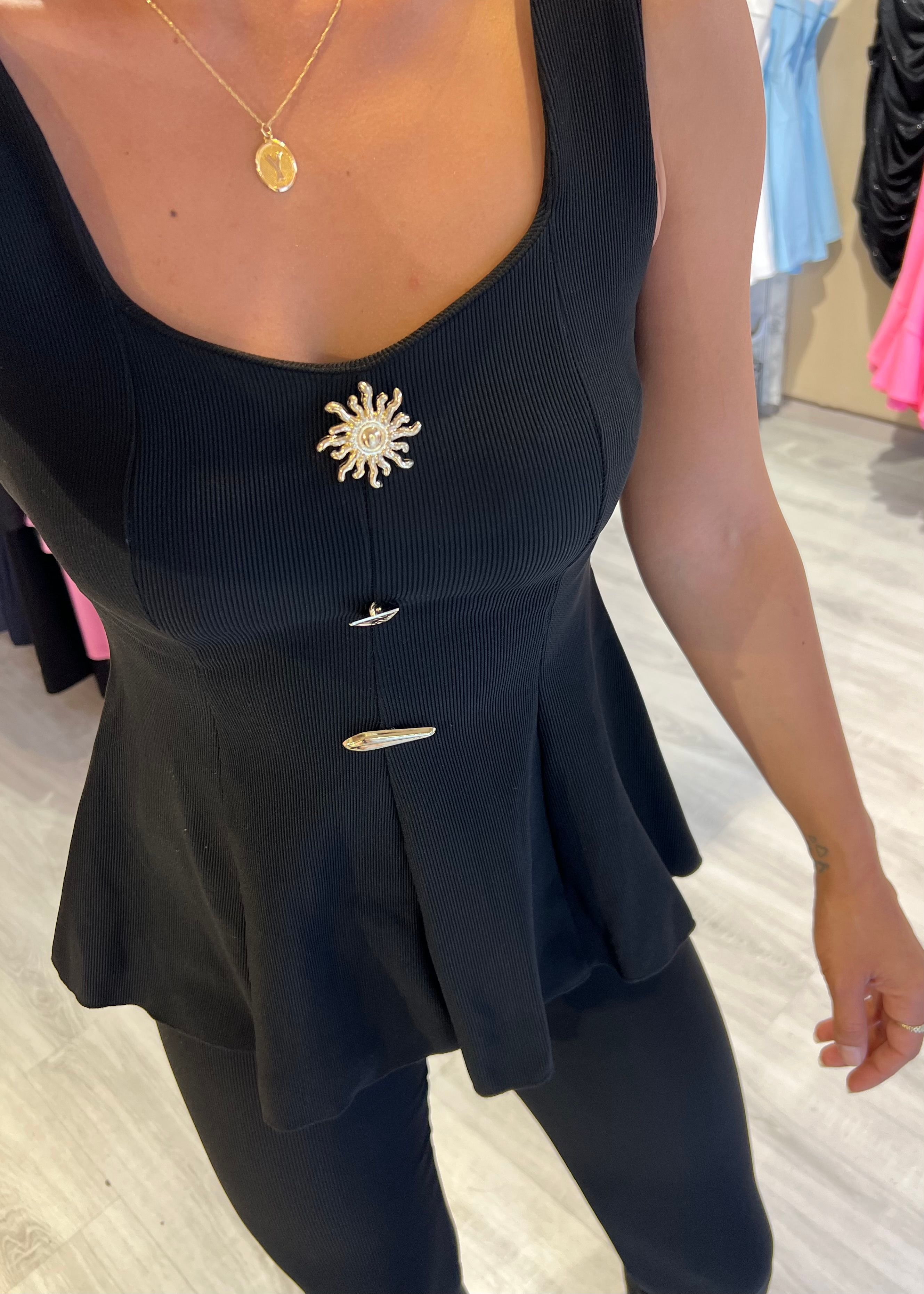 Kaşkorse Kumaş Aksesuarlı Bele Oturan Bluz & Pantolon Takım