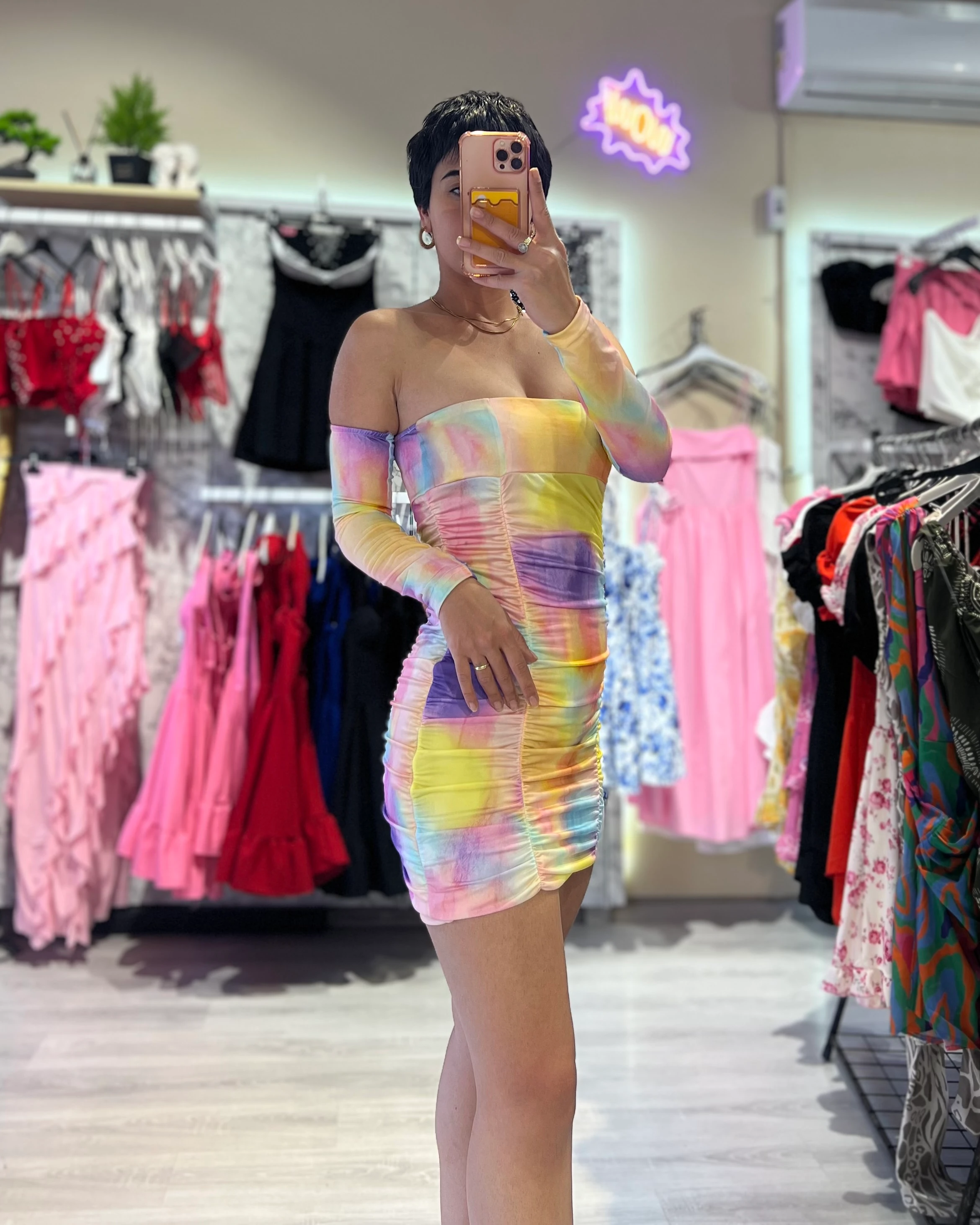 Renk Geçişli Drapeli Tak Çıkar Kol Detaylı Elbise - PEMBE