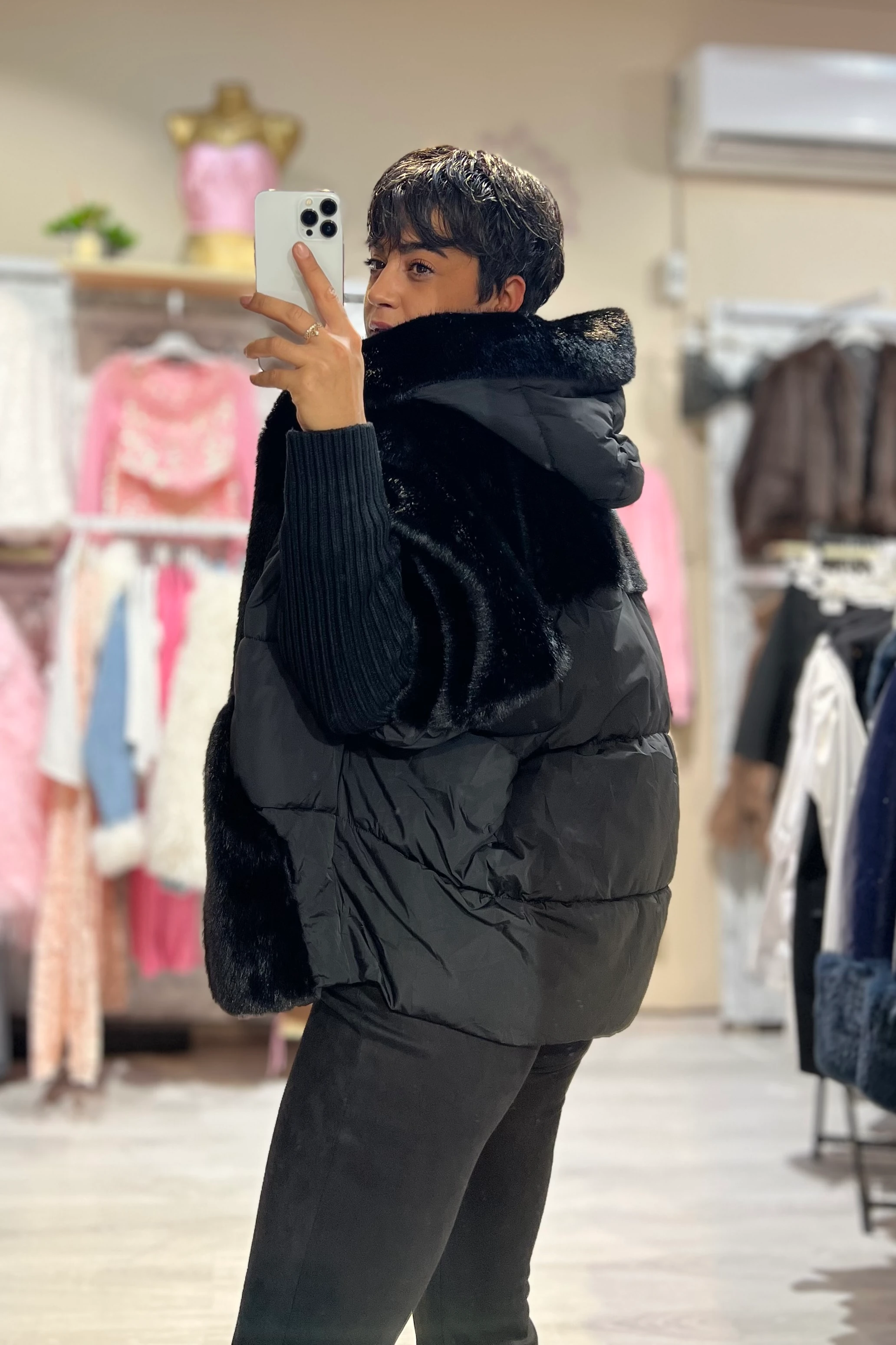 Özel Tasarım İthal Kürklü Yarasa Kol Şişme Mont