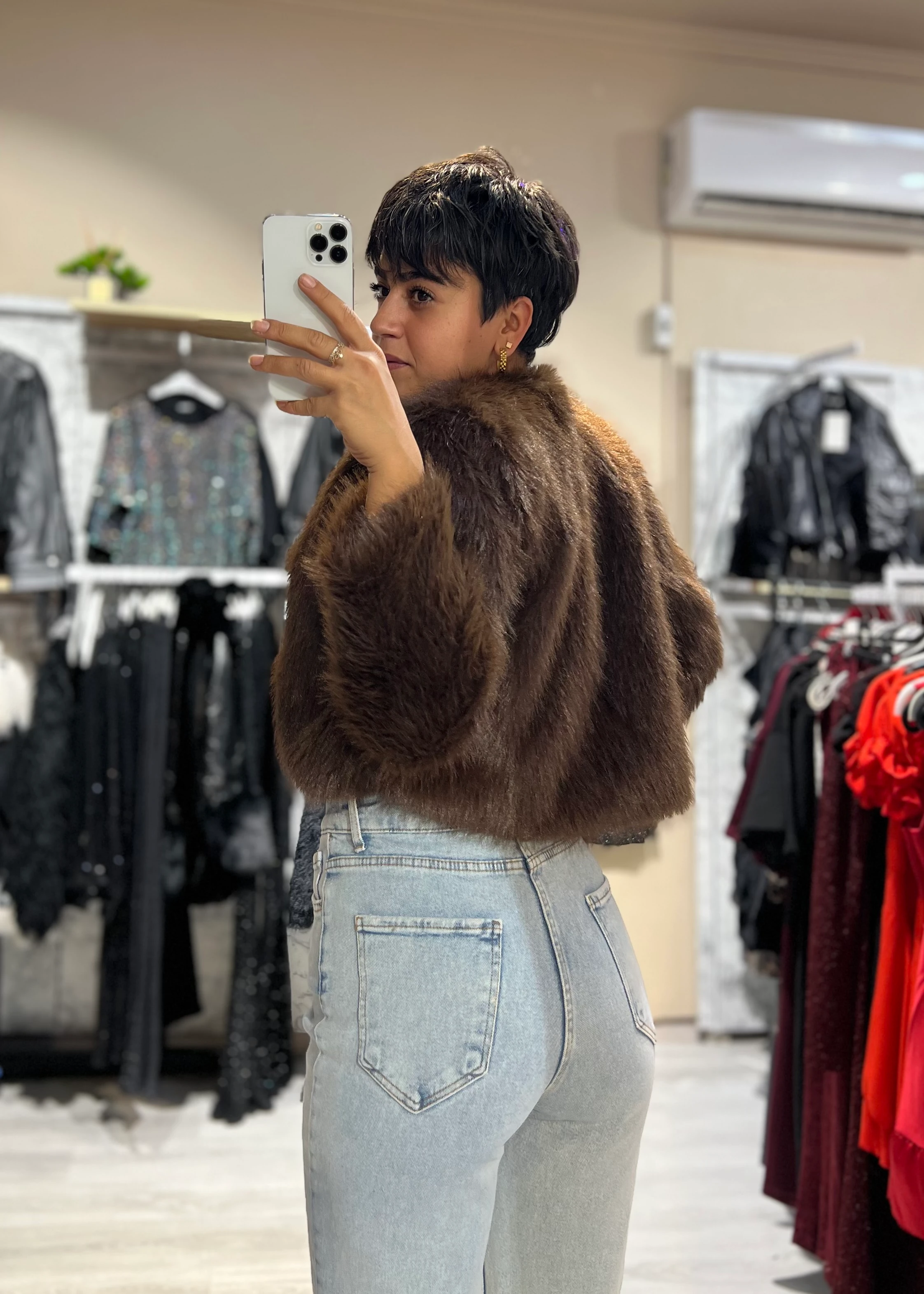 Marka Model Crop Kürk Mont - KAHVERENGİ