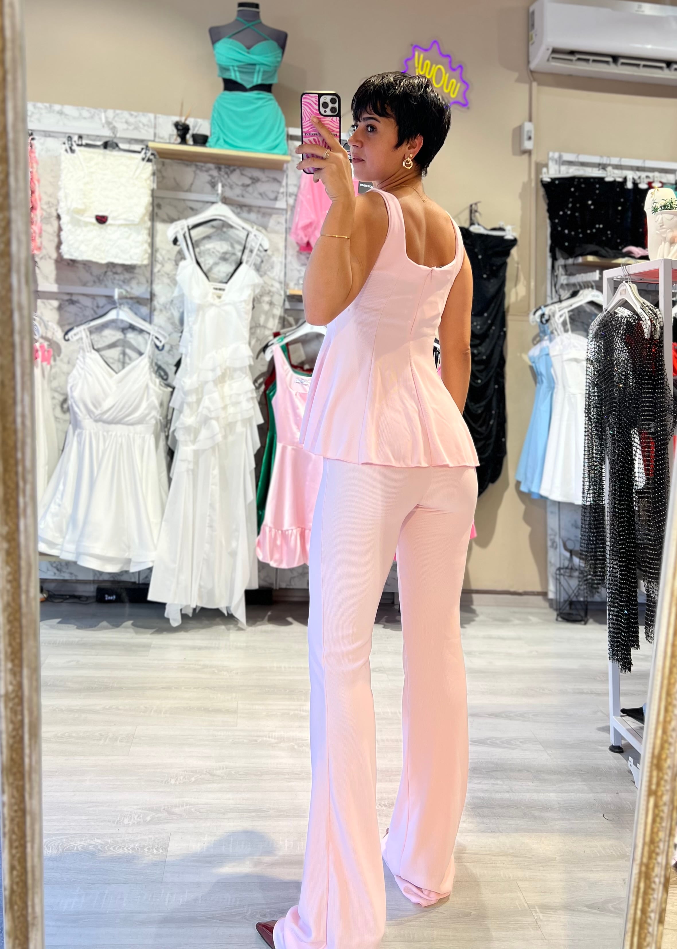 Kaşkorse Kumaş Aksesuarlı Bele Oturan Bluz & Pantolon Takım