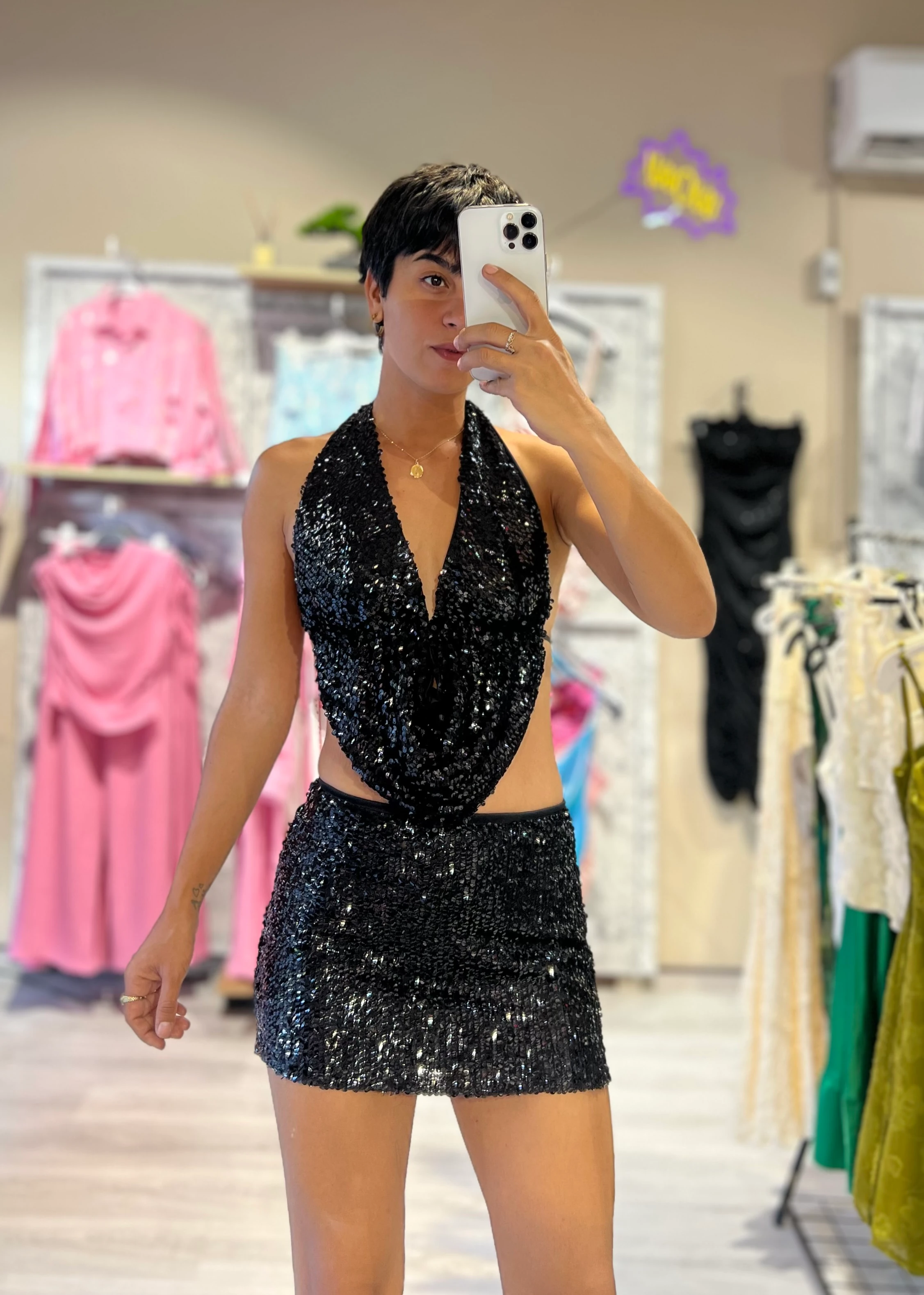 PulPayet Beli Lastikli Mini Etek - SİYAH