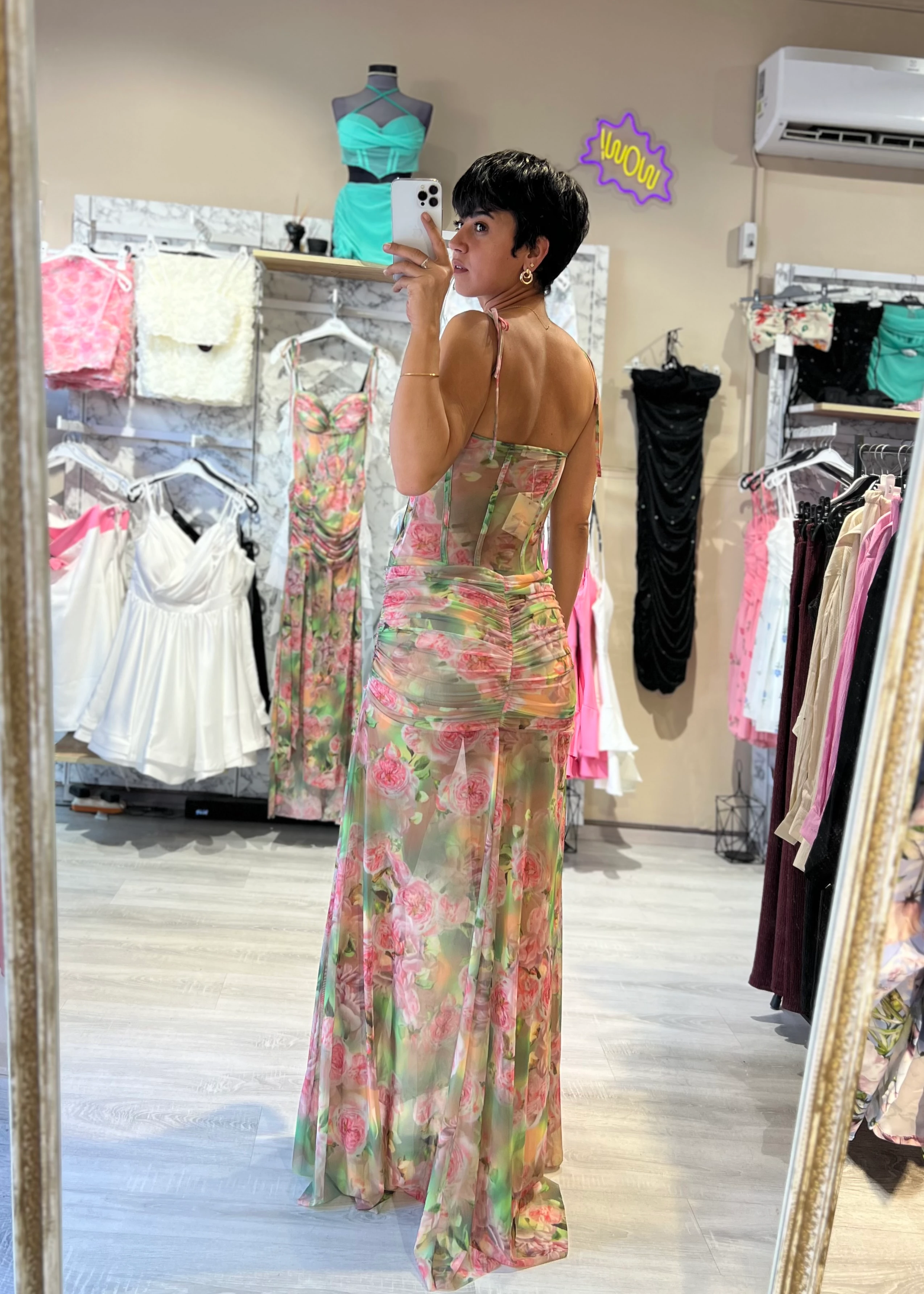 Desenli Transparan Cup'lu Şifon Elbise - desenli