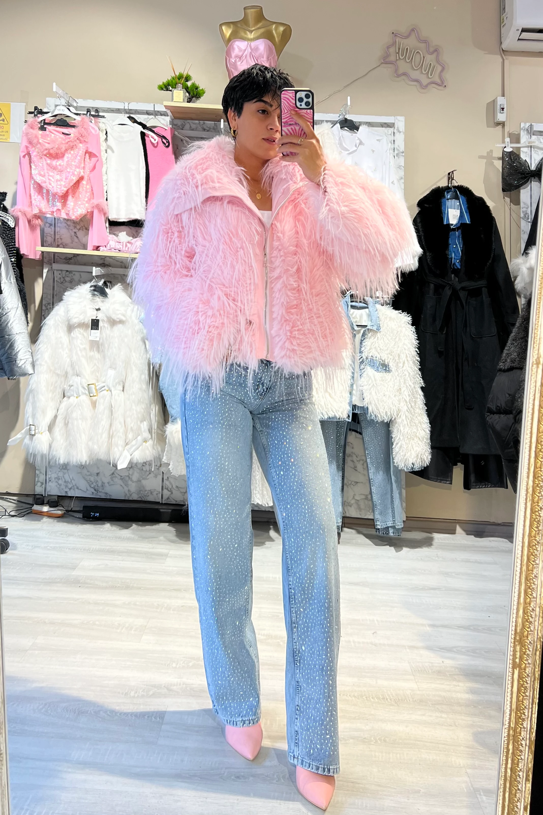 Luxury İthal Pembe Şal Yaka Suni Kürk Mont 