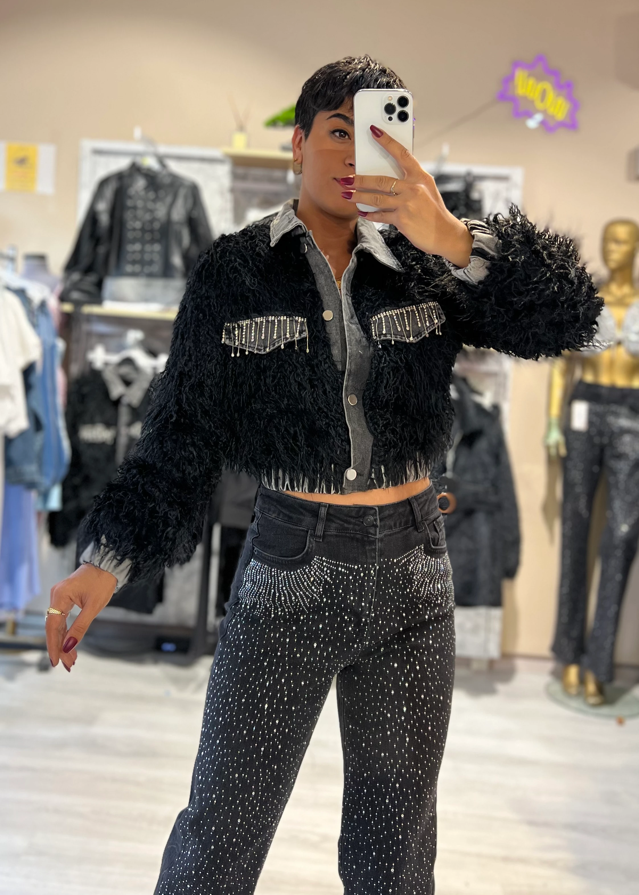 Premium Özel Tasarım Taş Detaylı Denim Garnili Süni Kürk Mont - SİYAH