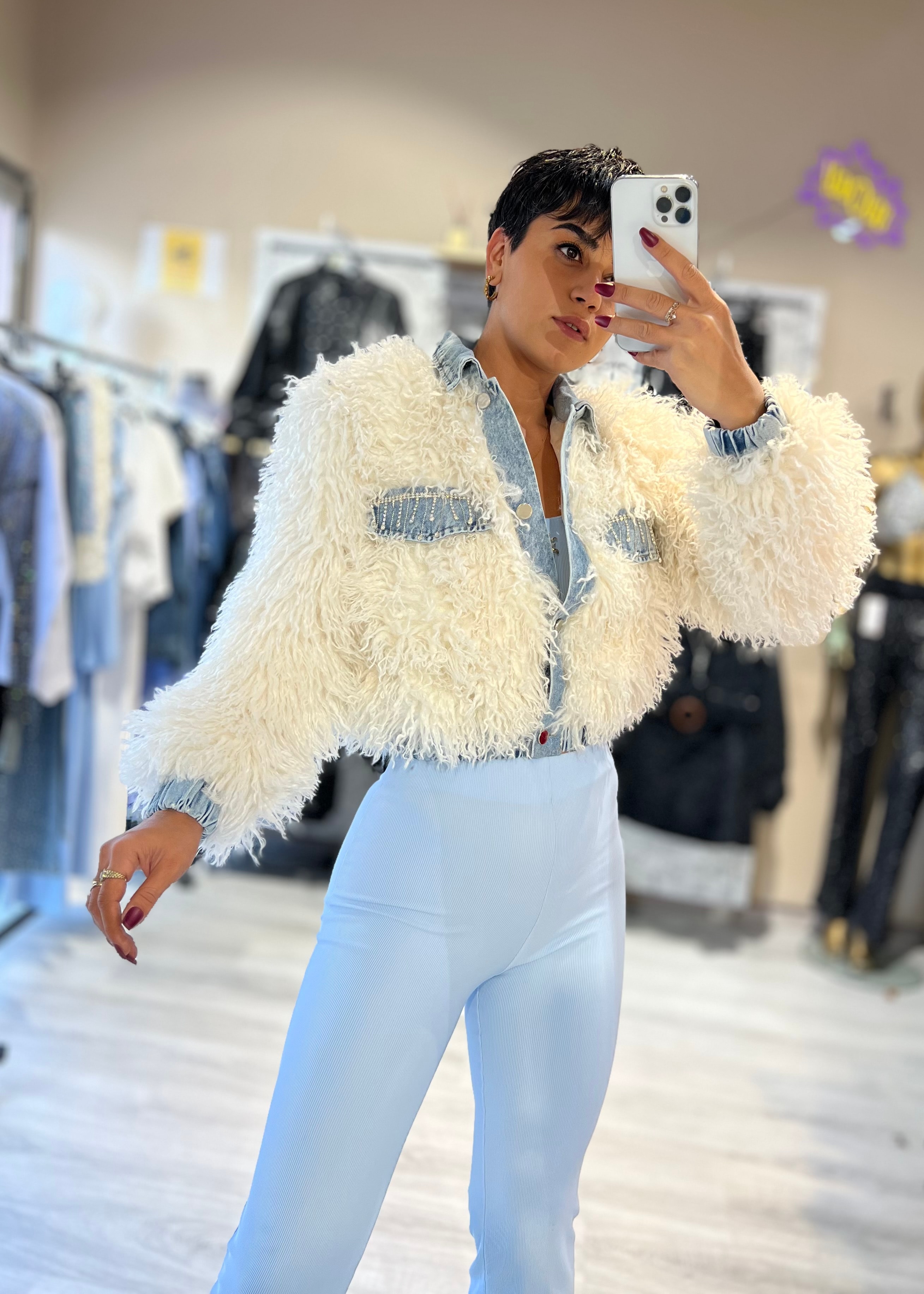 Premium Özel Tasarım Taş Detaylı Denim Garnili Süni Kürk Mont