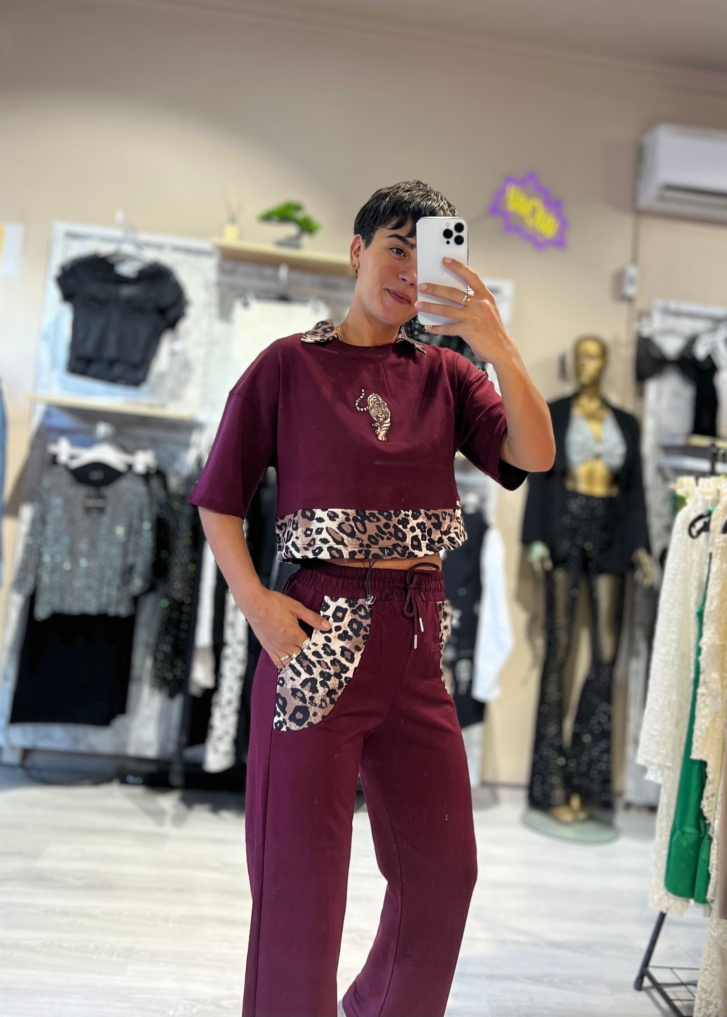 Bordo Leopar Detaylı 2'Li Eşofman Takımı