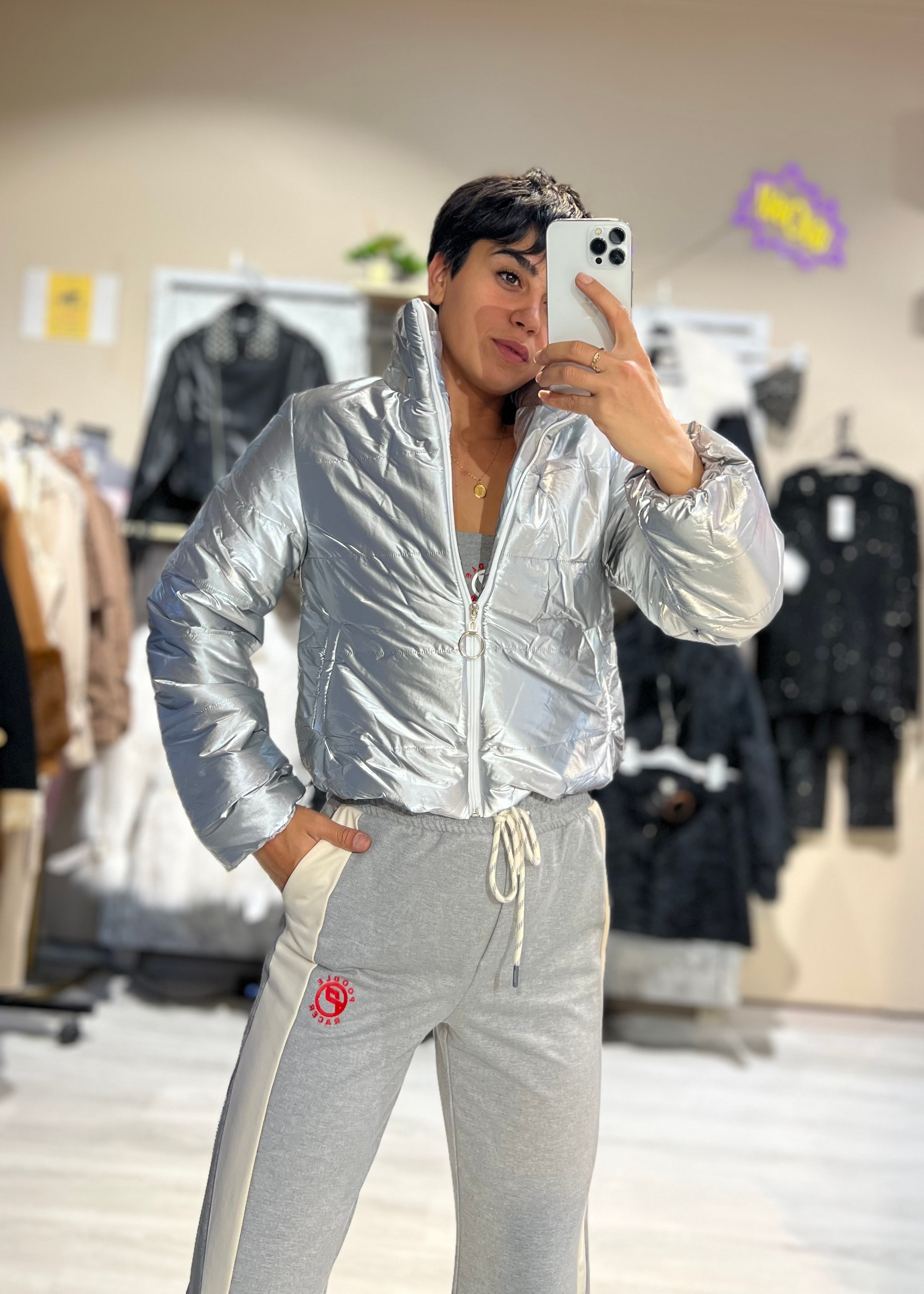 Metalik Gri Crop Şişme Mont 