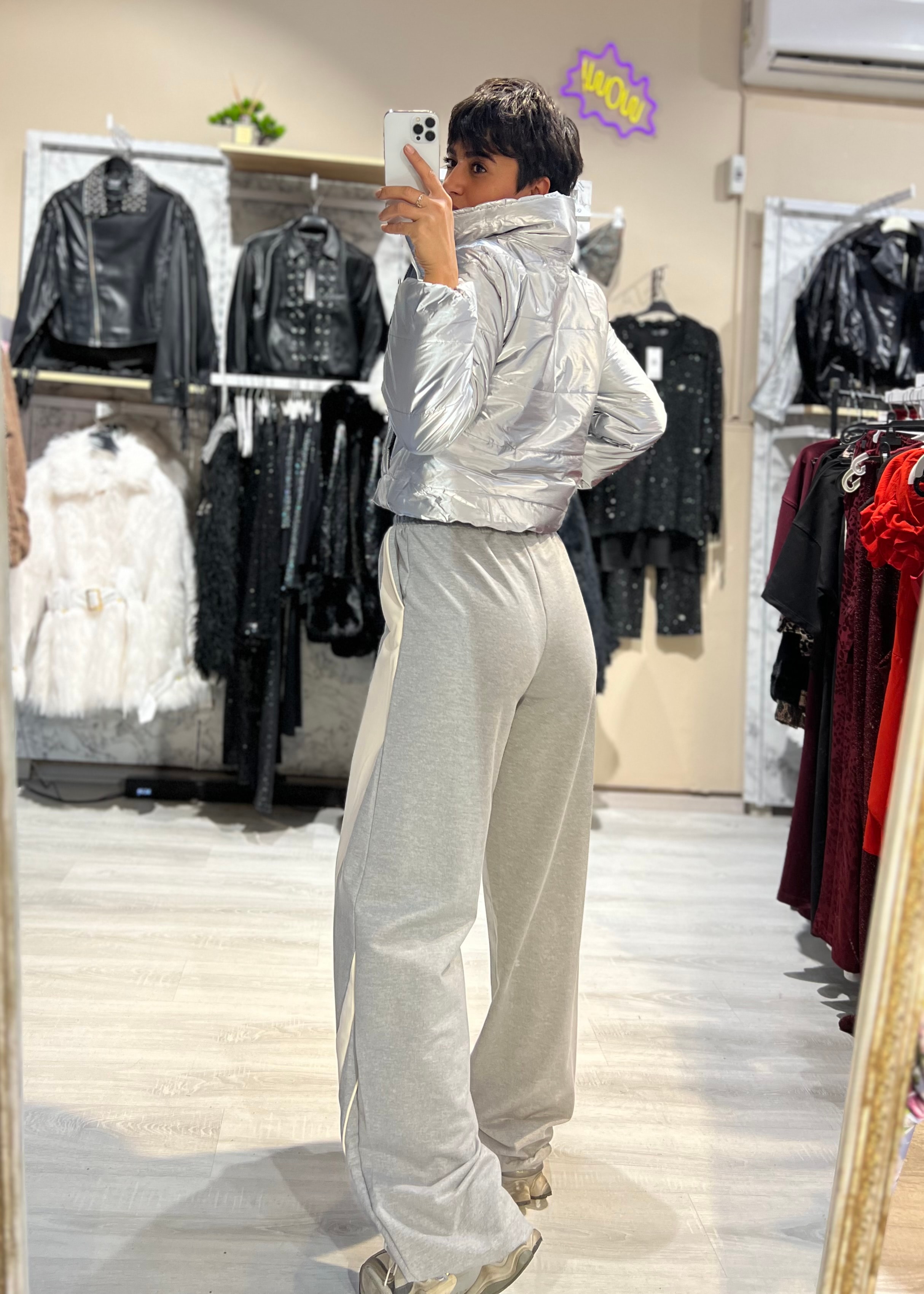 Metalik Gri Crop Şişme Mont 