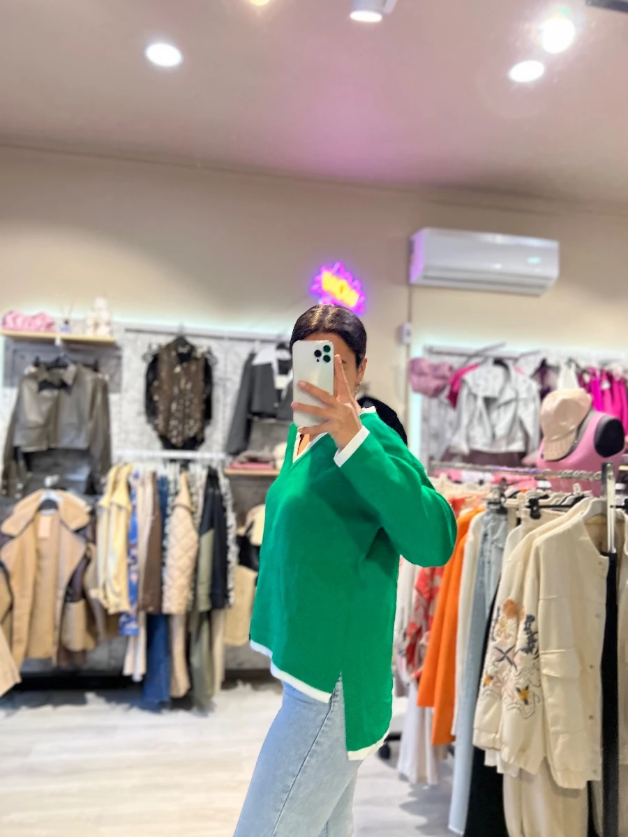 V Yaka Oversize Triko Kazak - YEŞİL