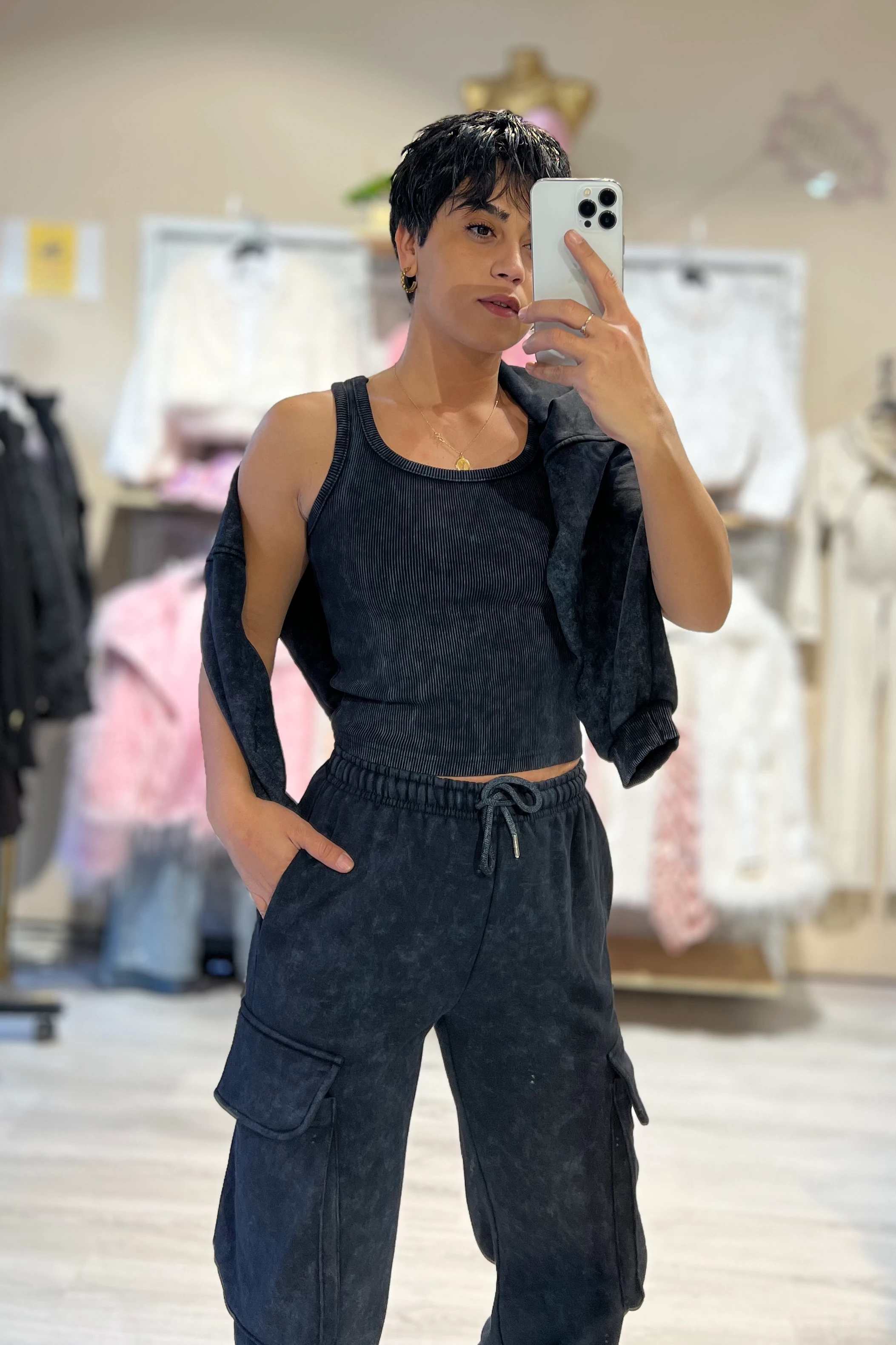 Siyah Yıkamalı 3’lü Kargo Cepli Eşofman Takımı 