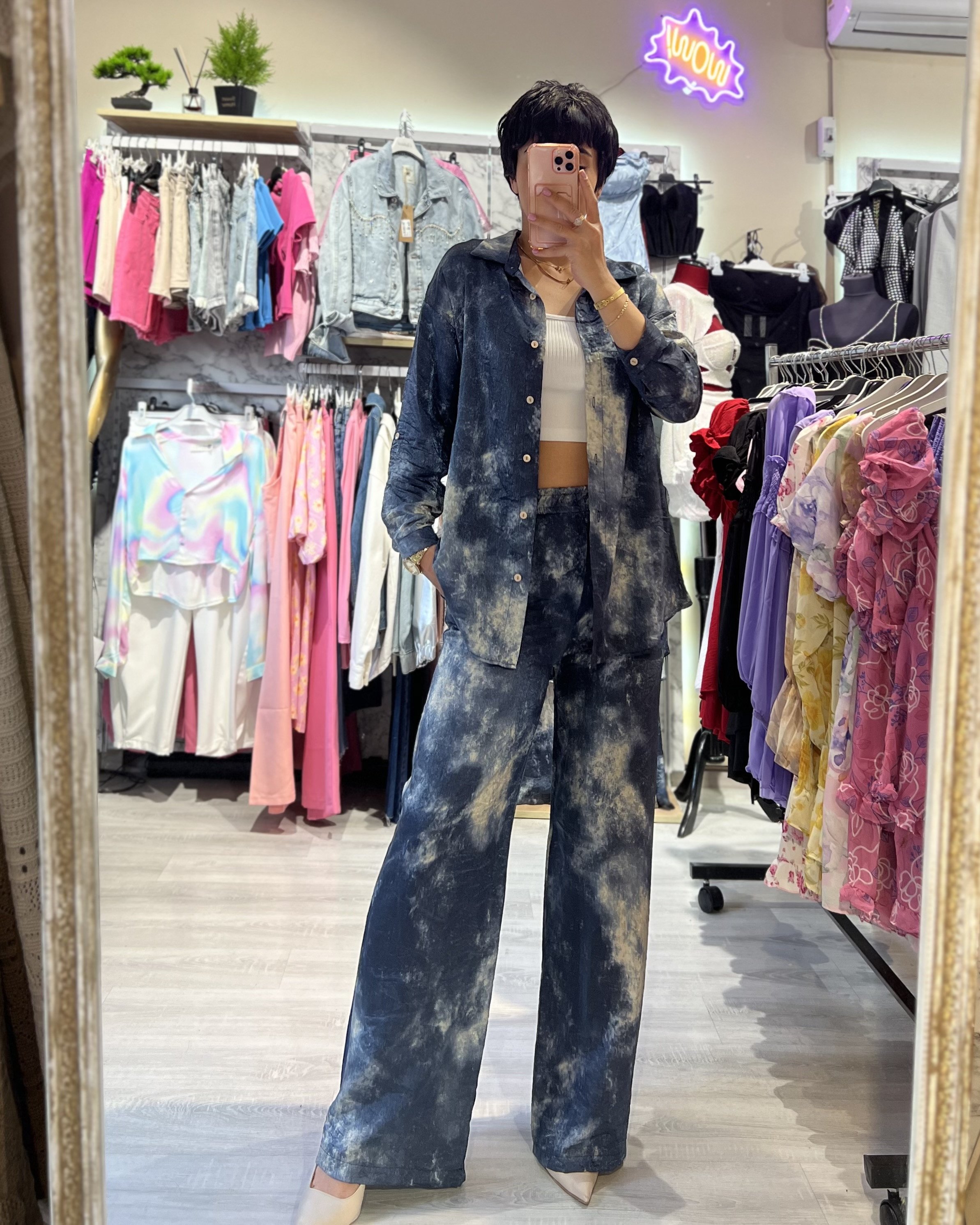 Mavi Saten Batik Desen Gömlek & Pantolon Takım