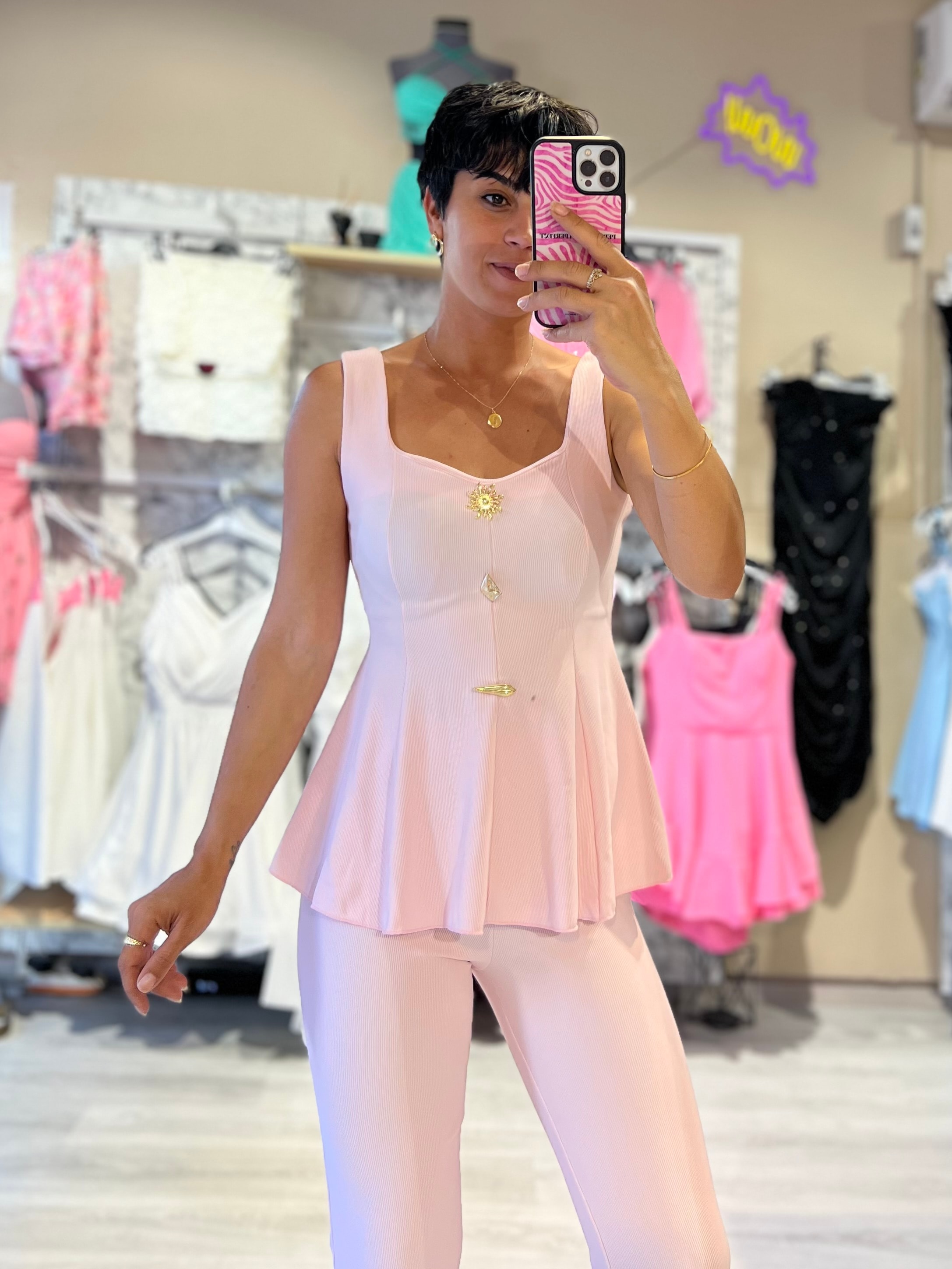 Kaşkorse Kumaş Aksesuarlı Bele Oturan Bluz & Pantolon Takım