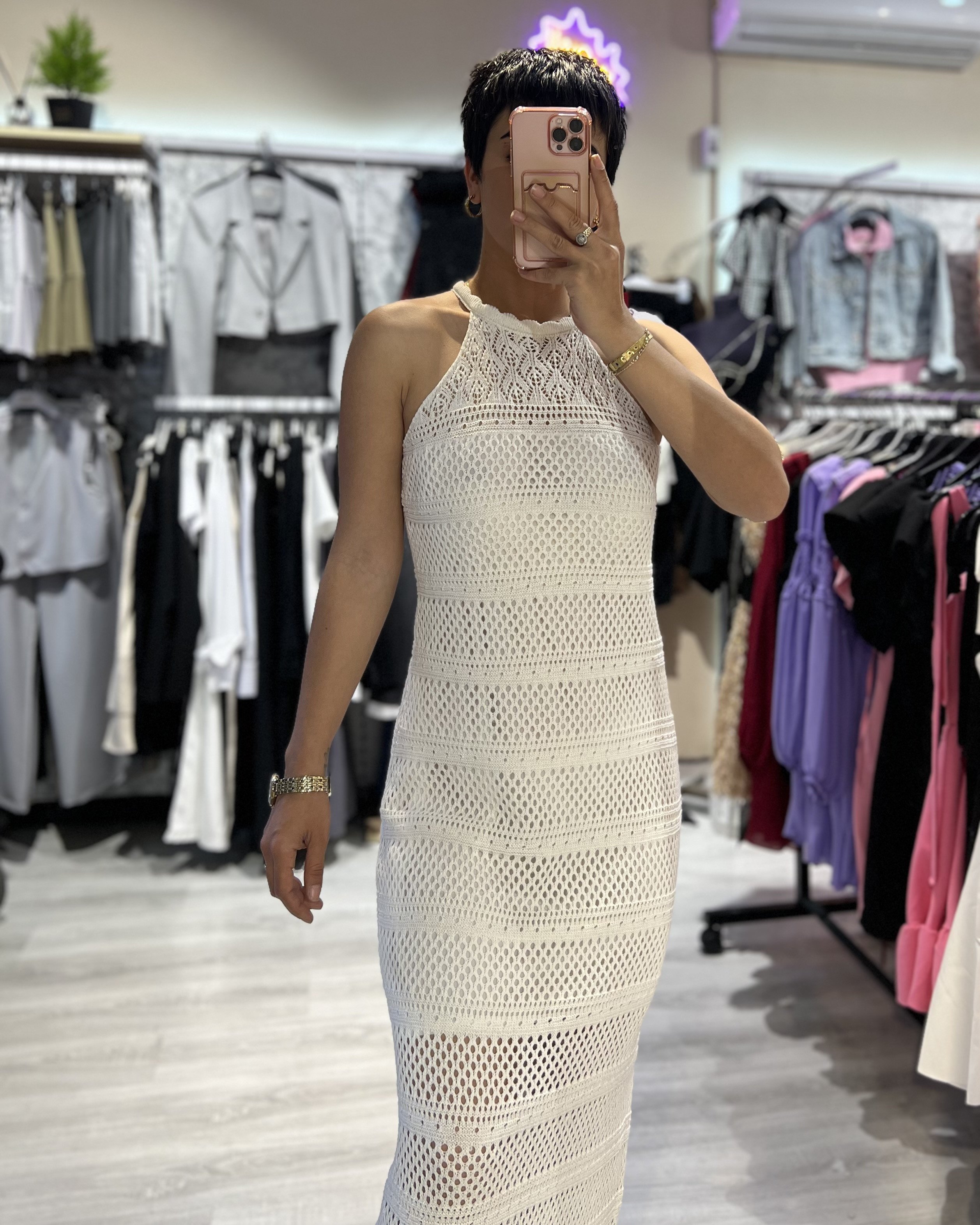 Ekru Halter Yaka Örme Uzun Elbise