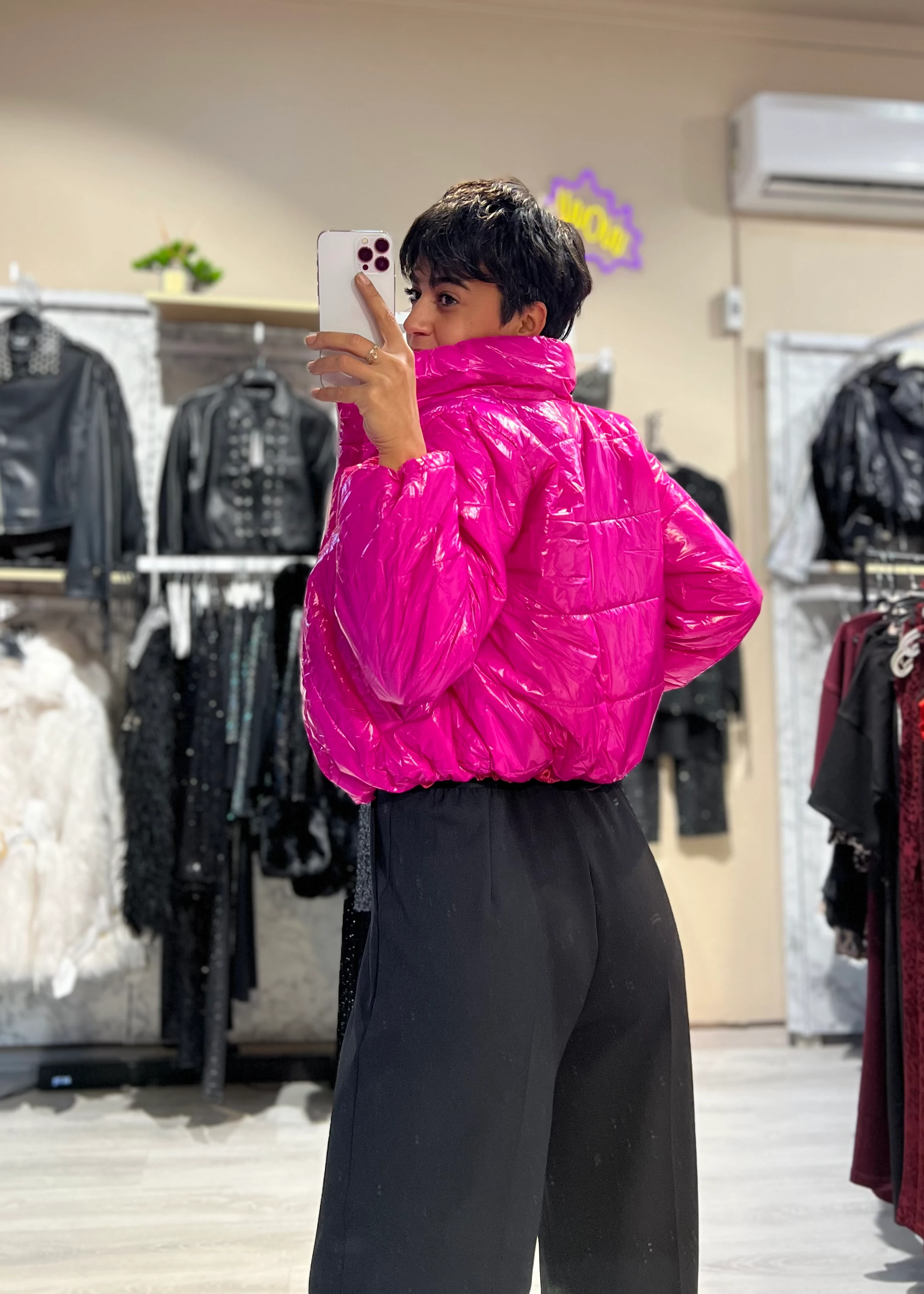 Parlak Dik Yaka Crop Şişme Mont - PEMBE