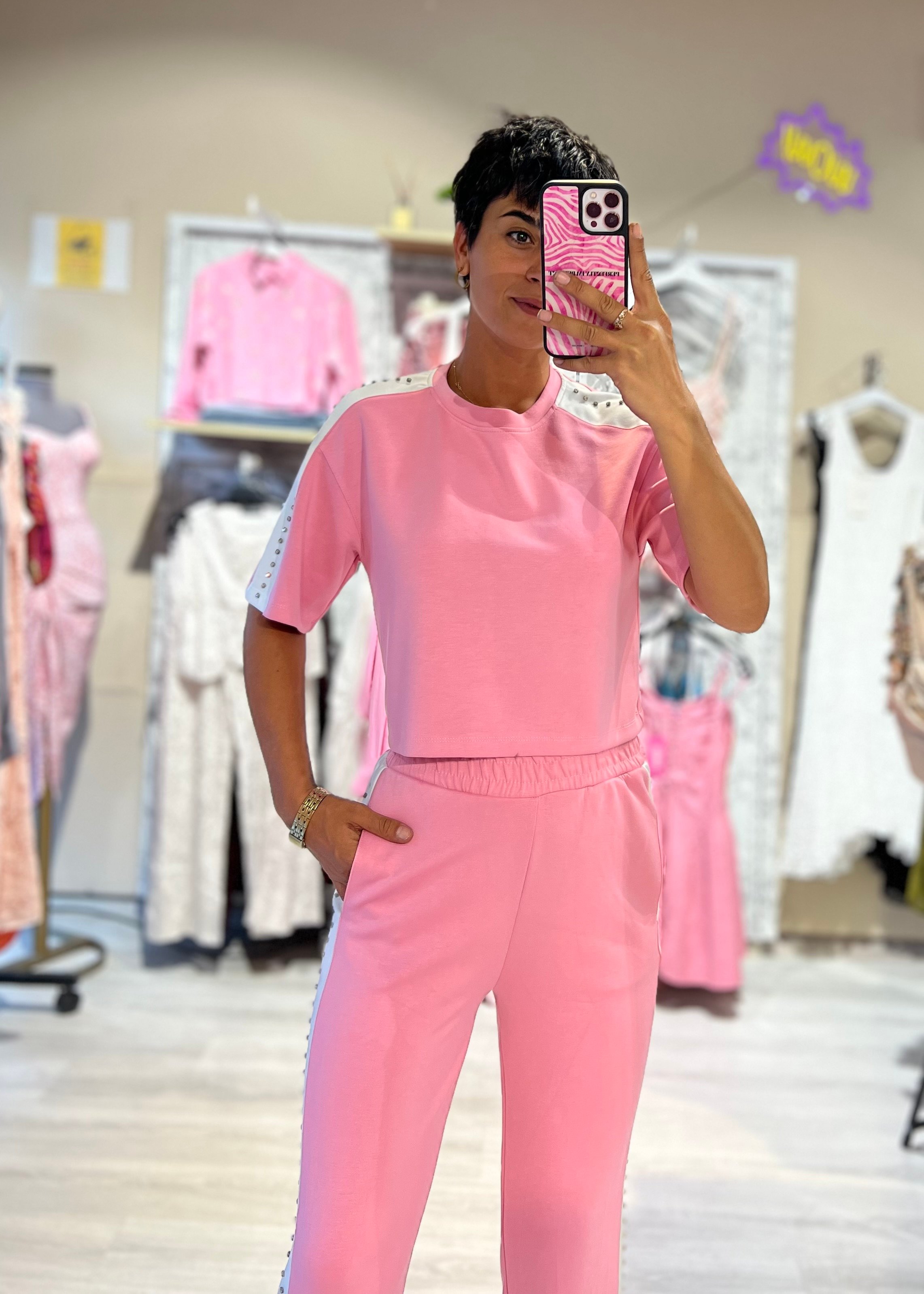 Pembe Çakma Şerit Taşlı Tişört & Eşofman Altı Takım
