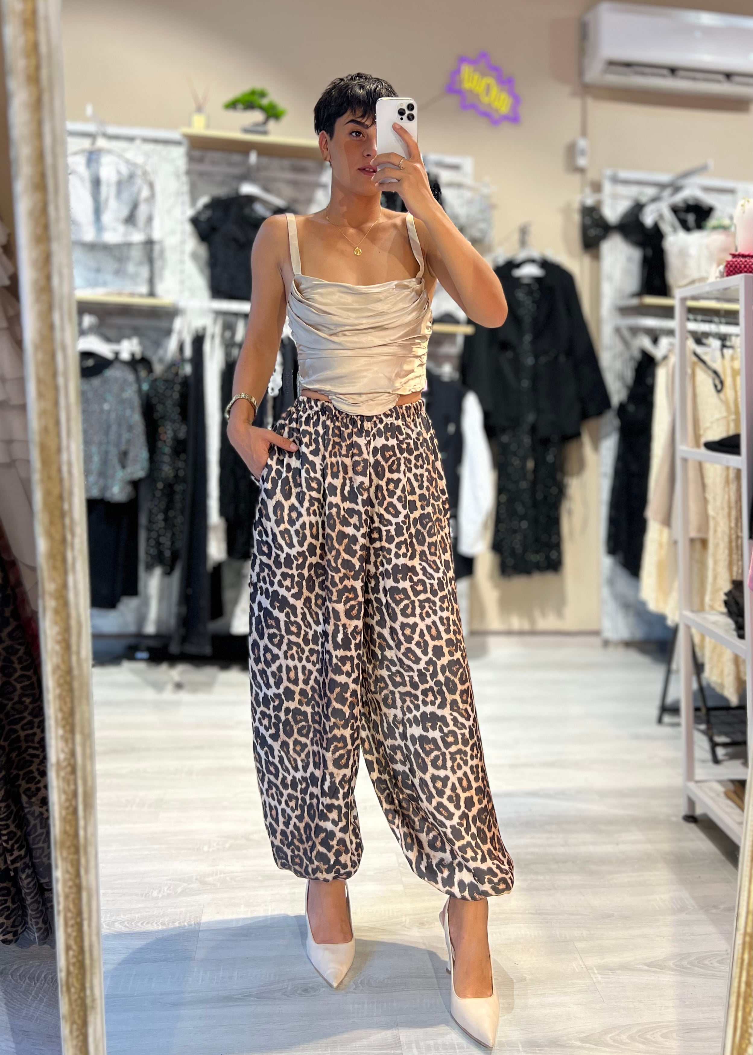 Saten Leopar Şalvar Pantolon 