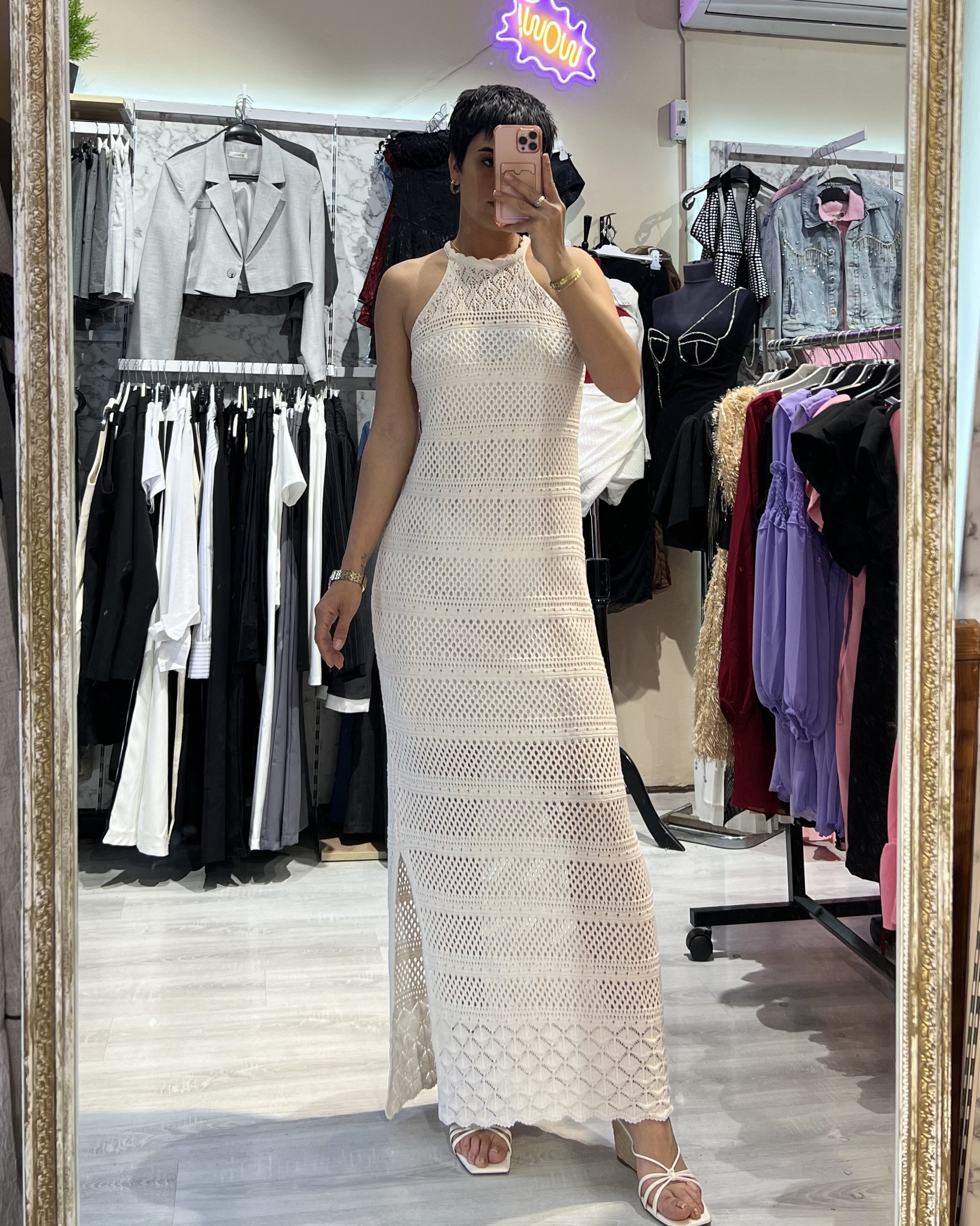 Ekru Halter Yaka Örme Uzun Elbise