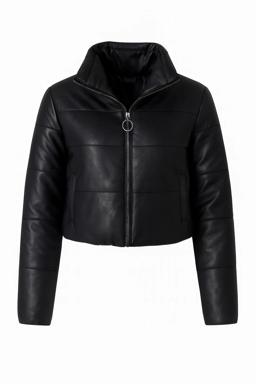 Siyah Dik Yaka Suni Deri Şişme Mont