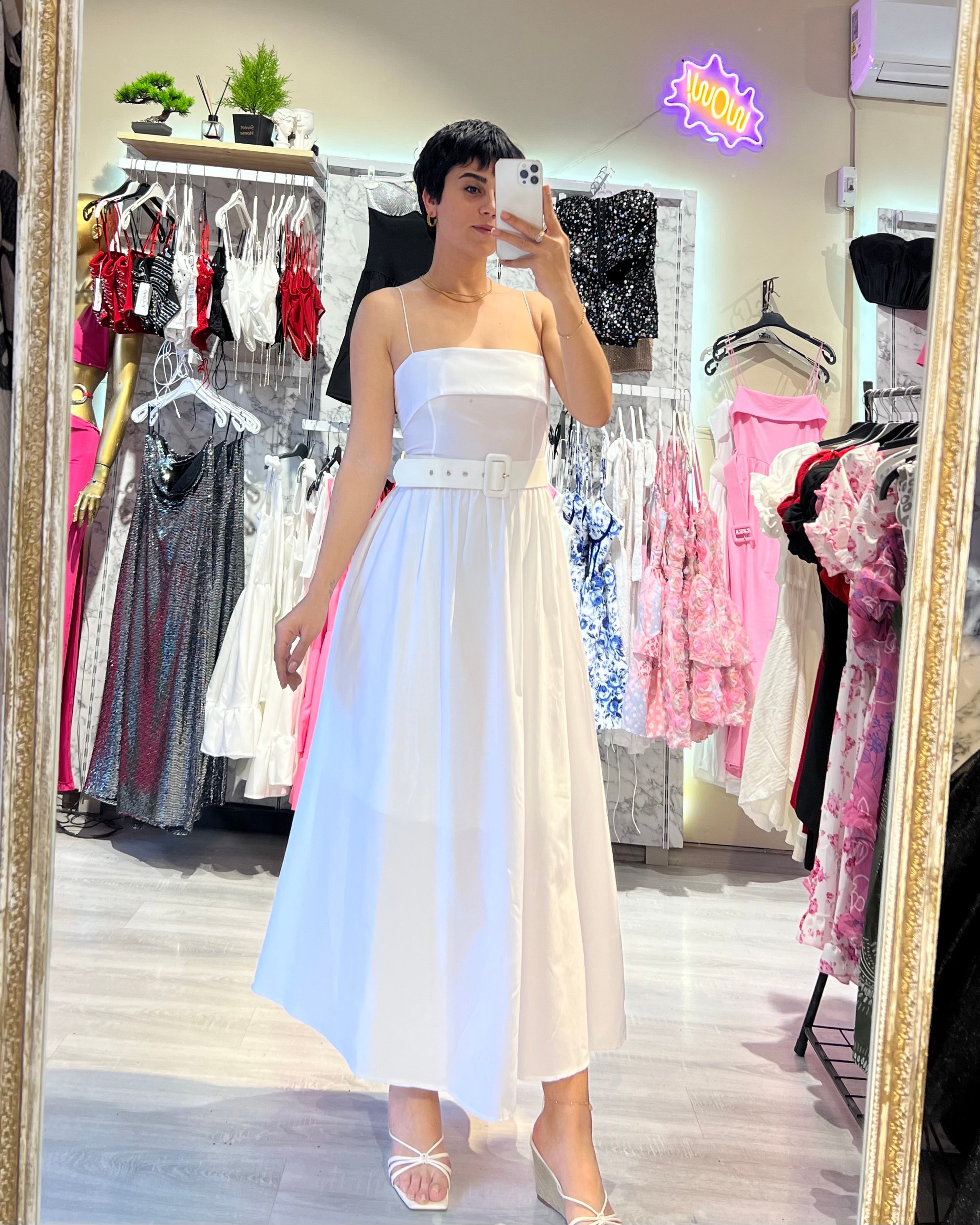 Poplin Prenses Model Kemer Aksesuarlı Uzun Elbise - BEYAZ