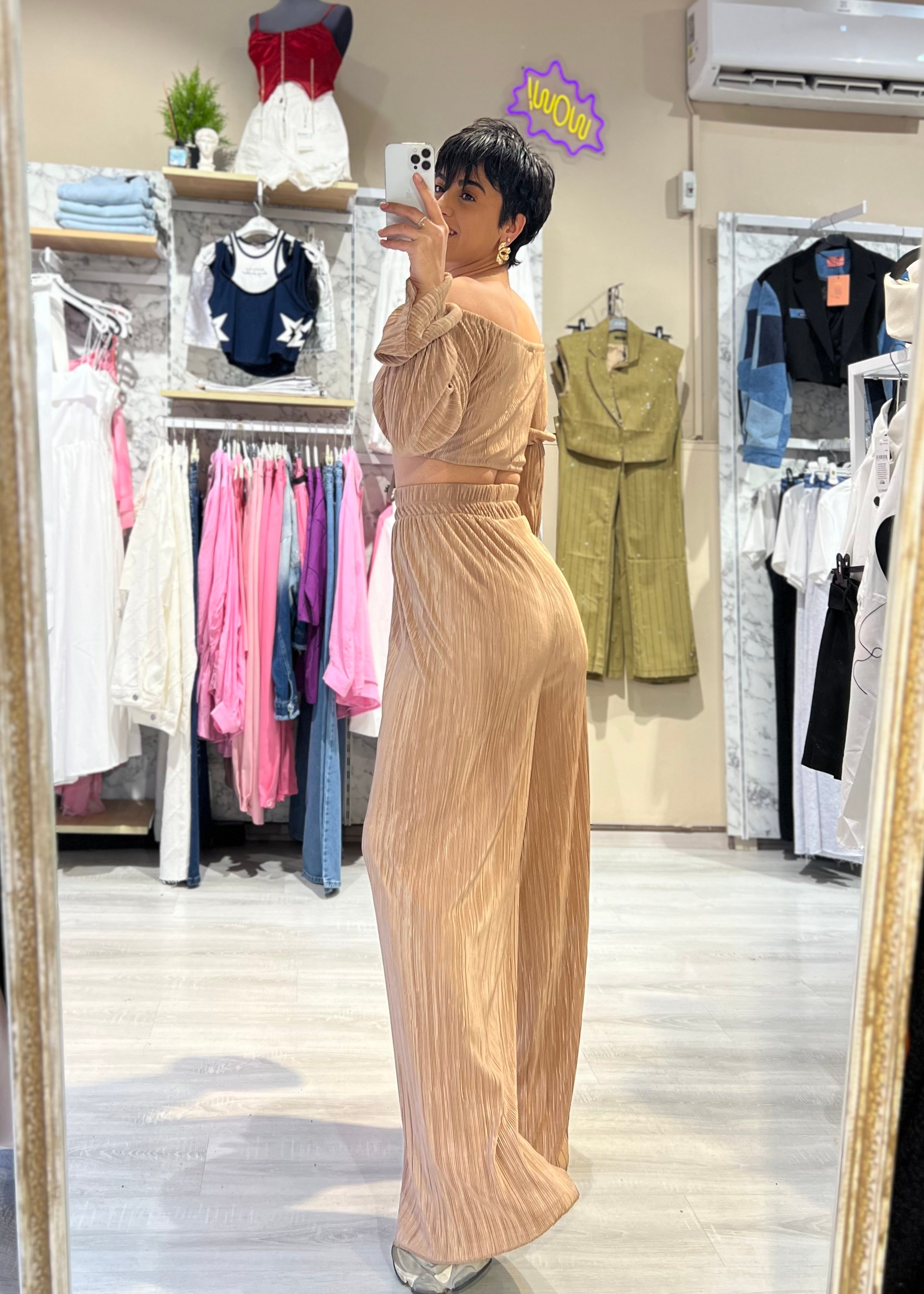 Plise Kumaş Çift Taraflı Bluz & Pantolon Takım