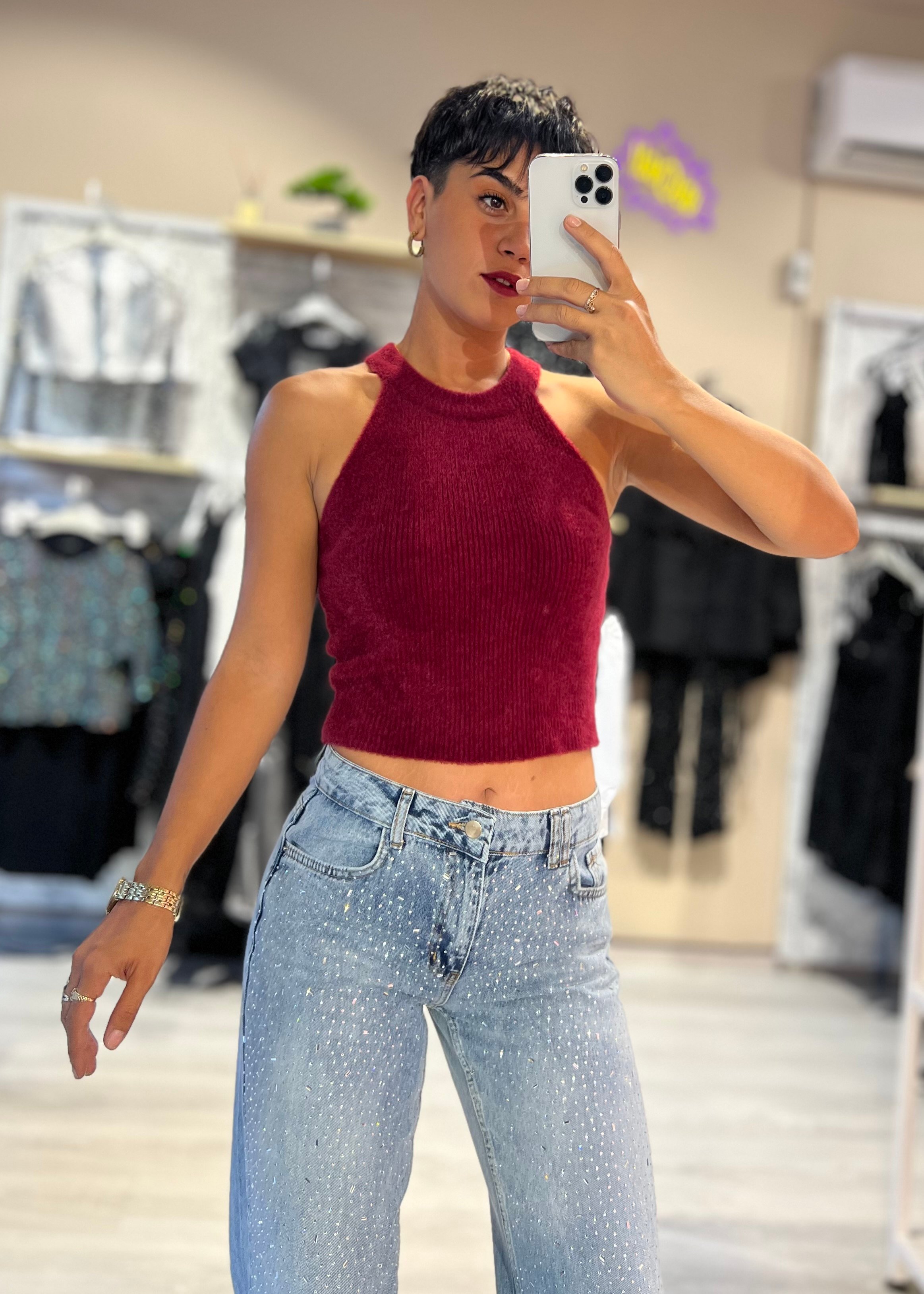 Halter Yaka Yumoş Bluz - BORDO