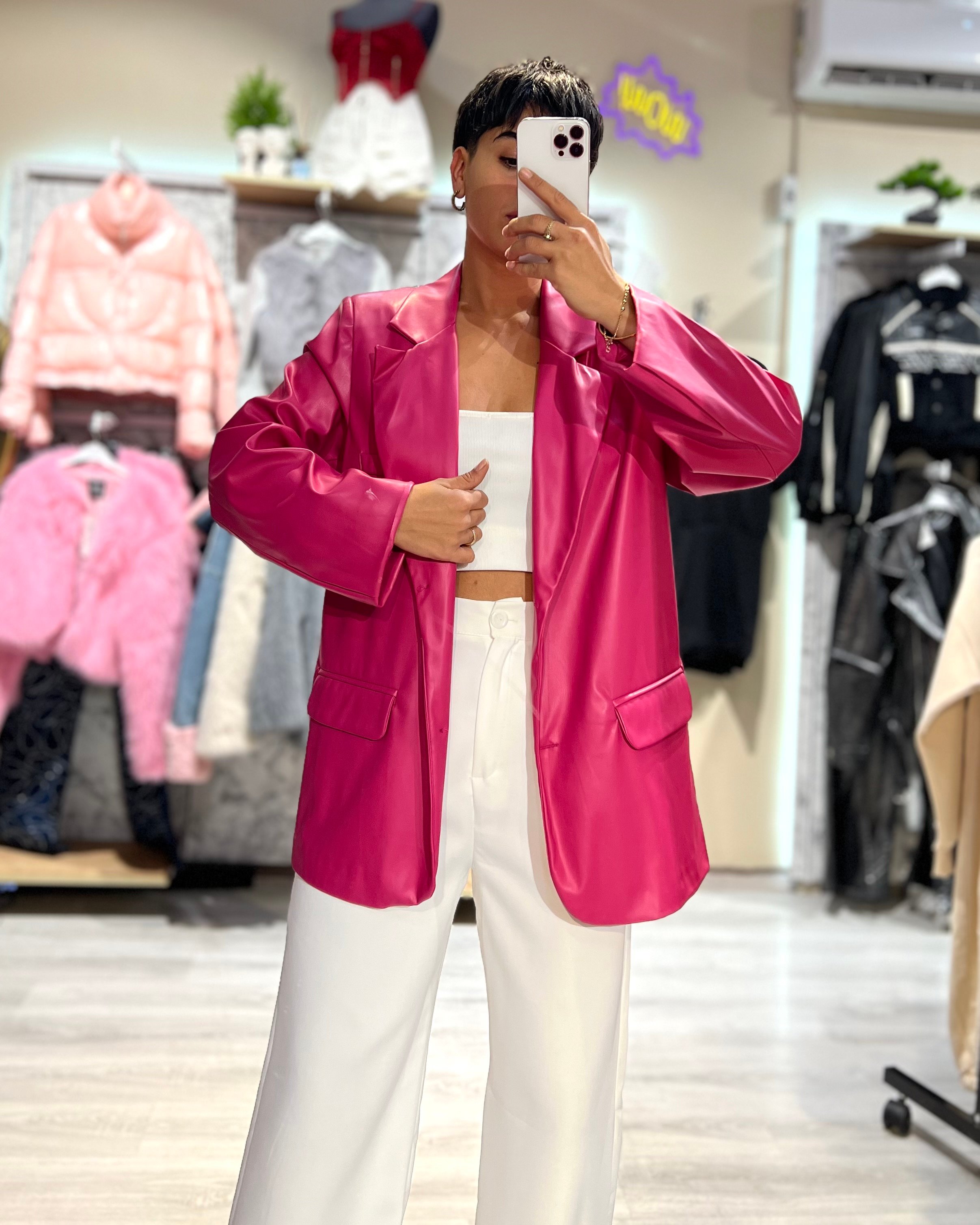 Premium Suni Deri Blazer Ceket - PEMBE