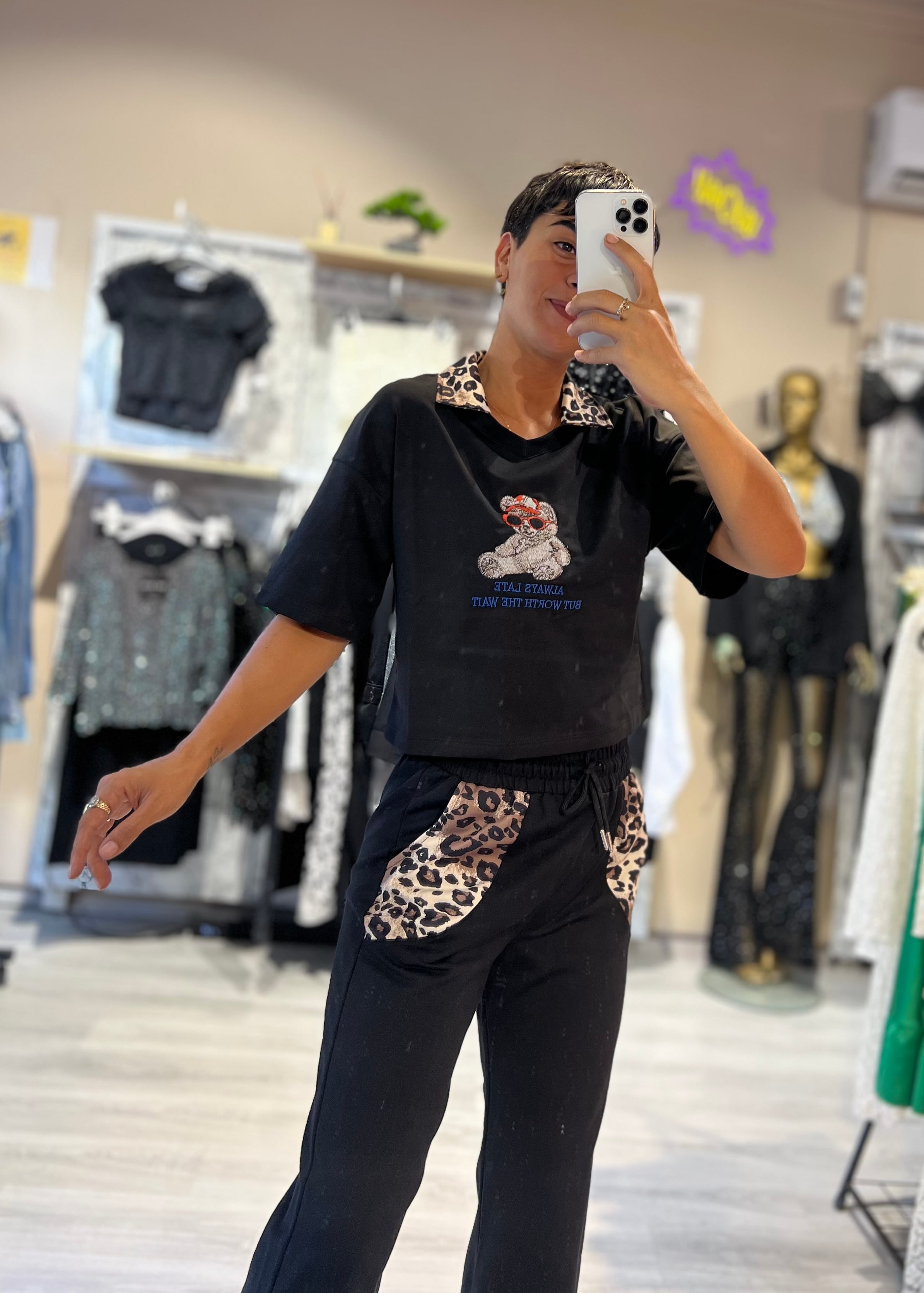 Siyah Leopar Detaylı 2'Li Eşofman Takım