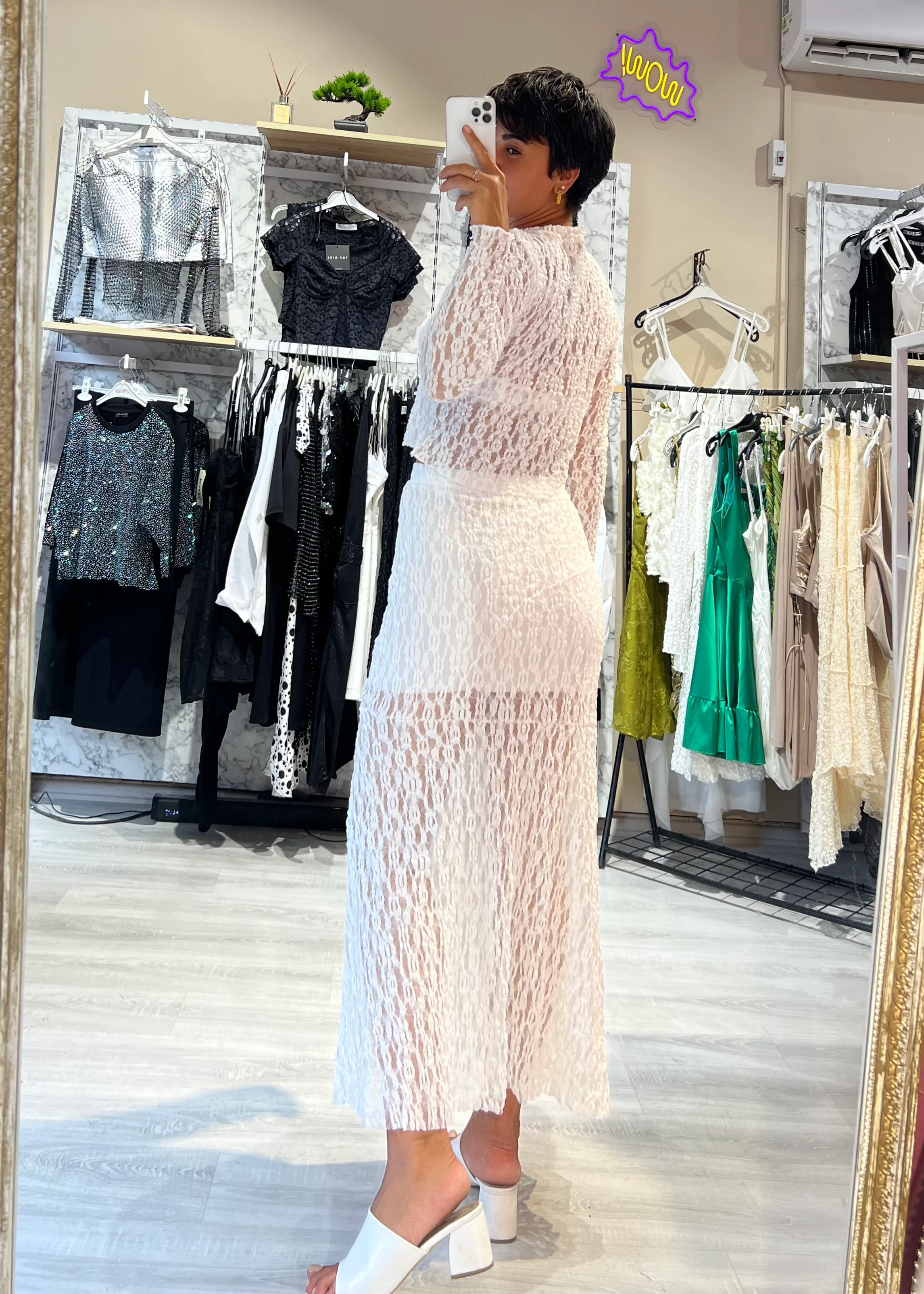 Dantel Transparan Bluz & Etek Takım - BEYAZ