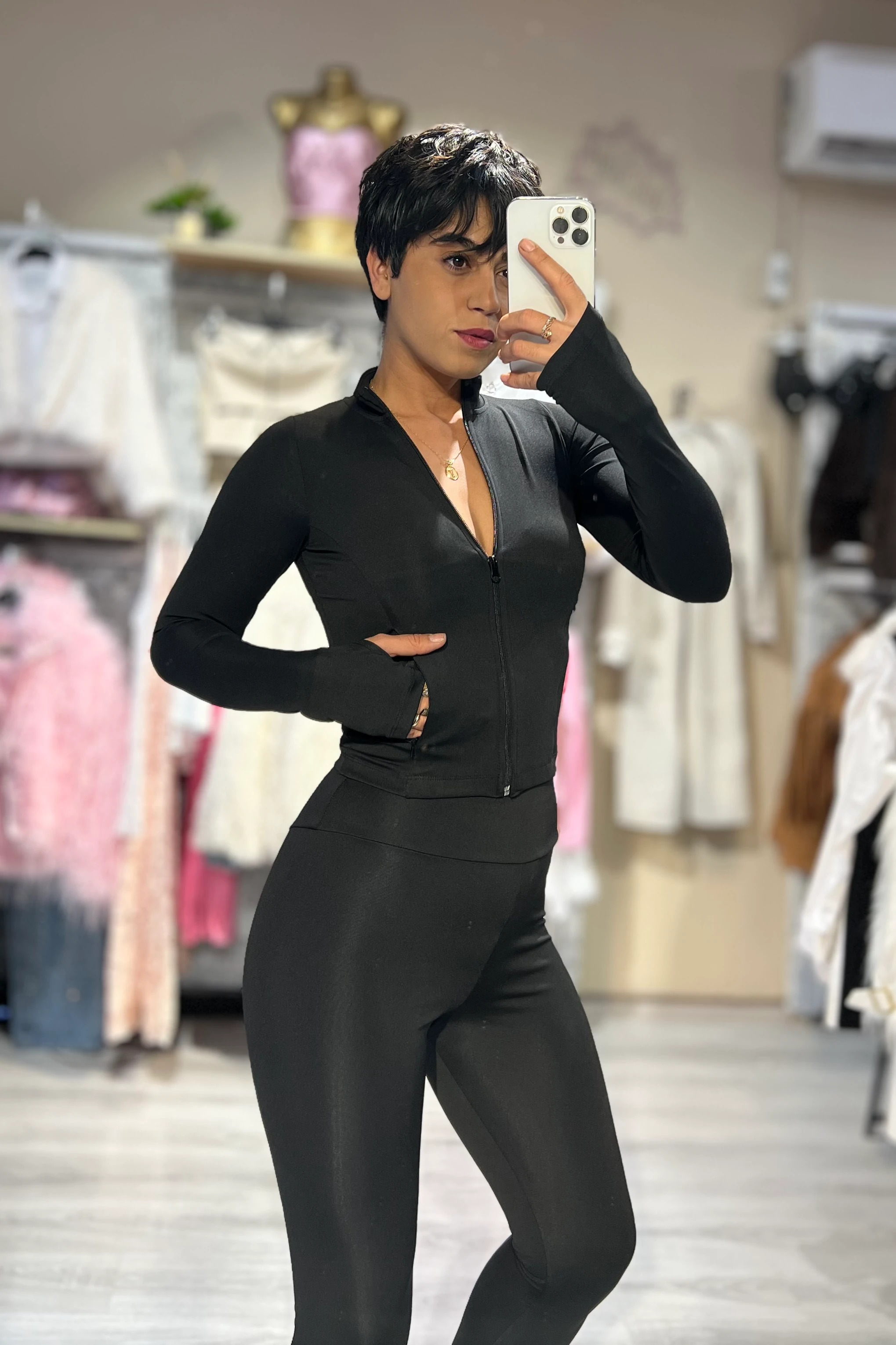 LunaForm Fermuarlı Parmak Geçmeli Sweathirt Tayt Takım  - SİYAH