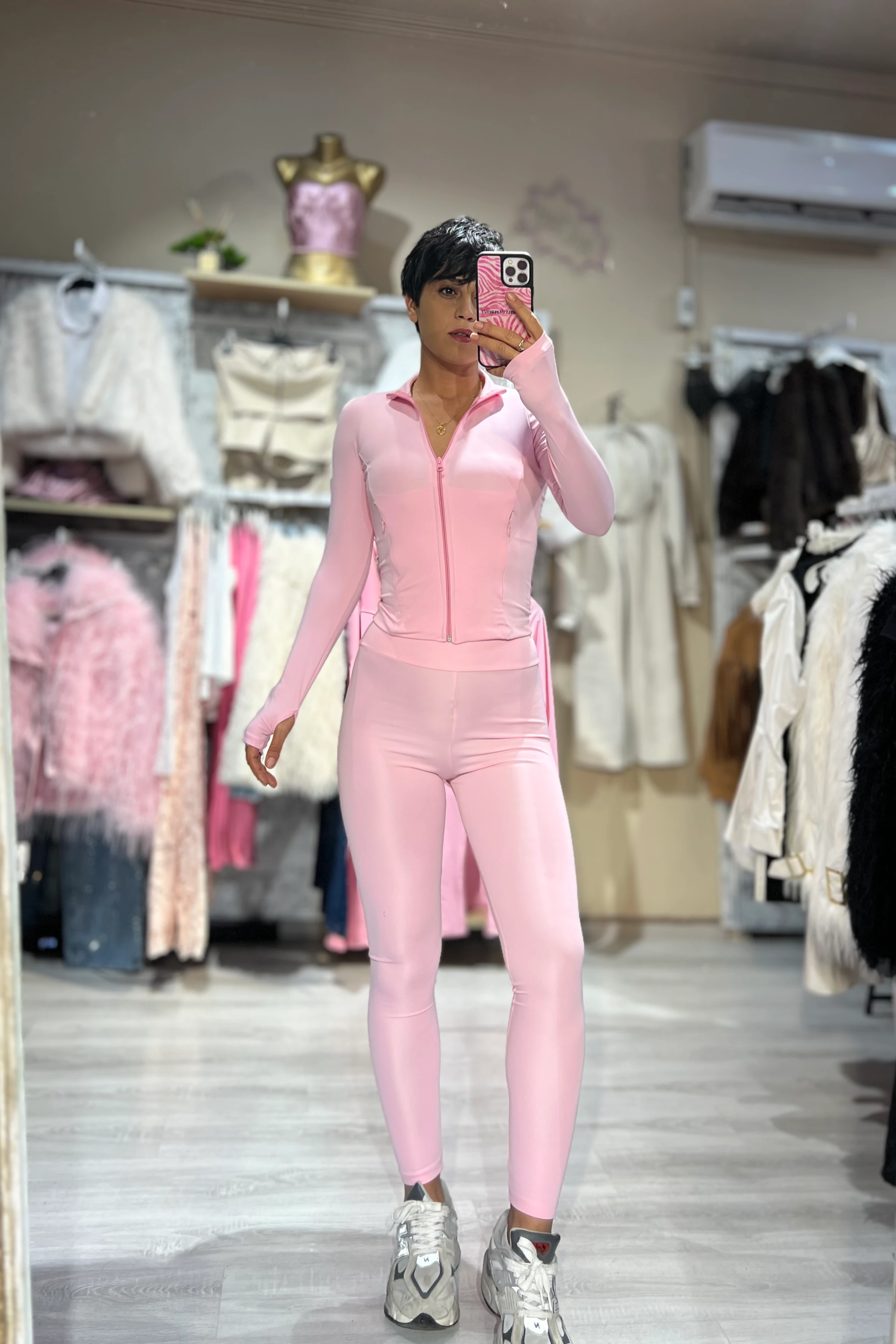 LunaForm Fermuarlı Parmak Geçmeli Sweathirt Tayt Takım  - PEMBE