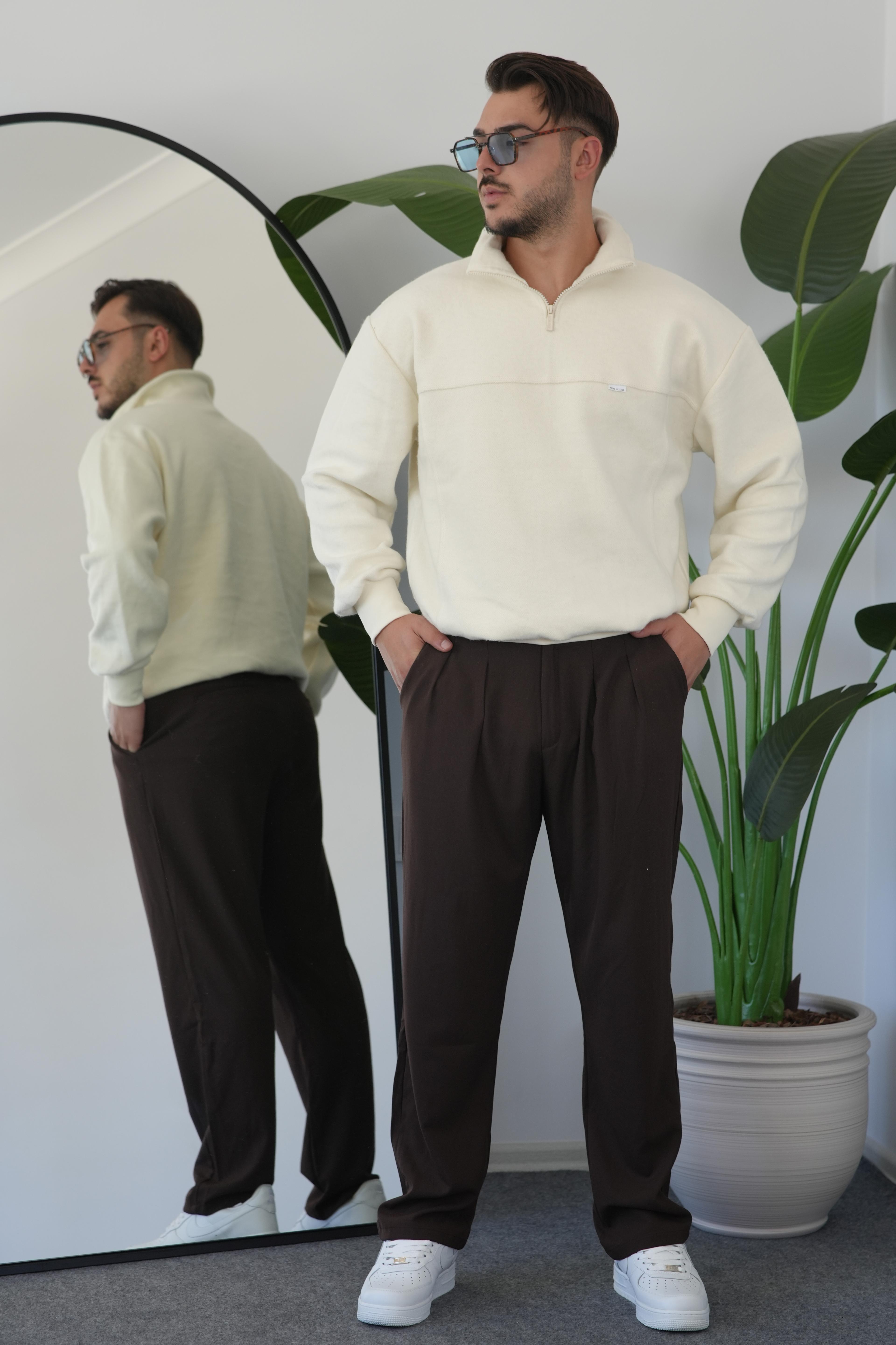 Sweatshirt Yarım Fermuar Oversize - Bej