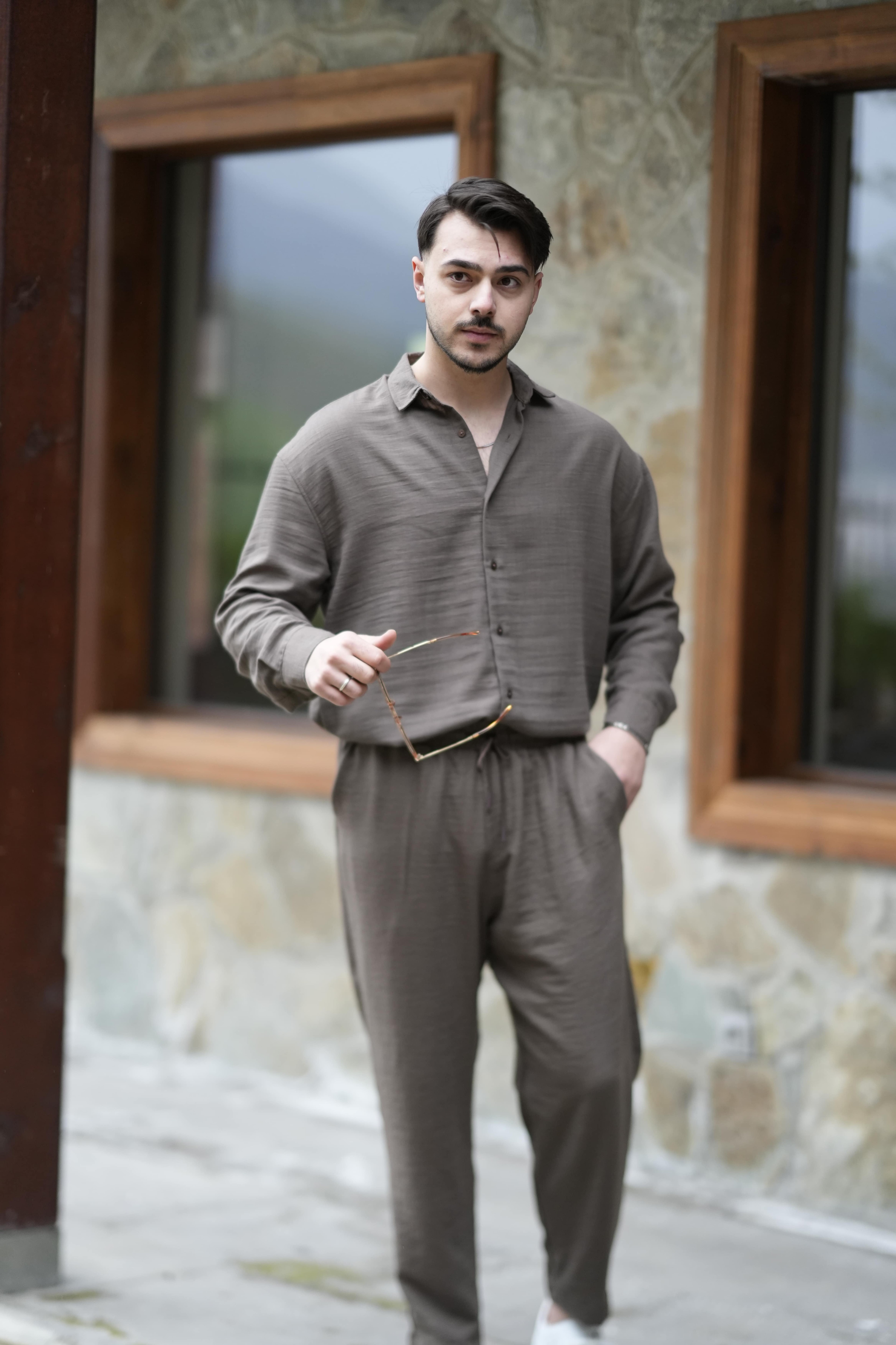 Elit Keten Takım Oversıze - Kahverengi