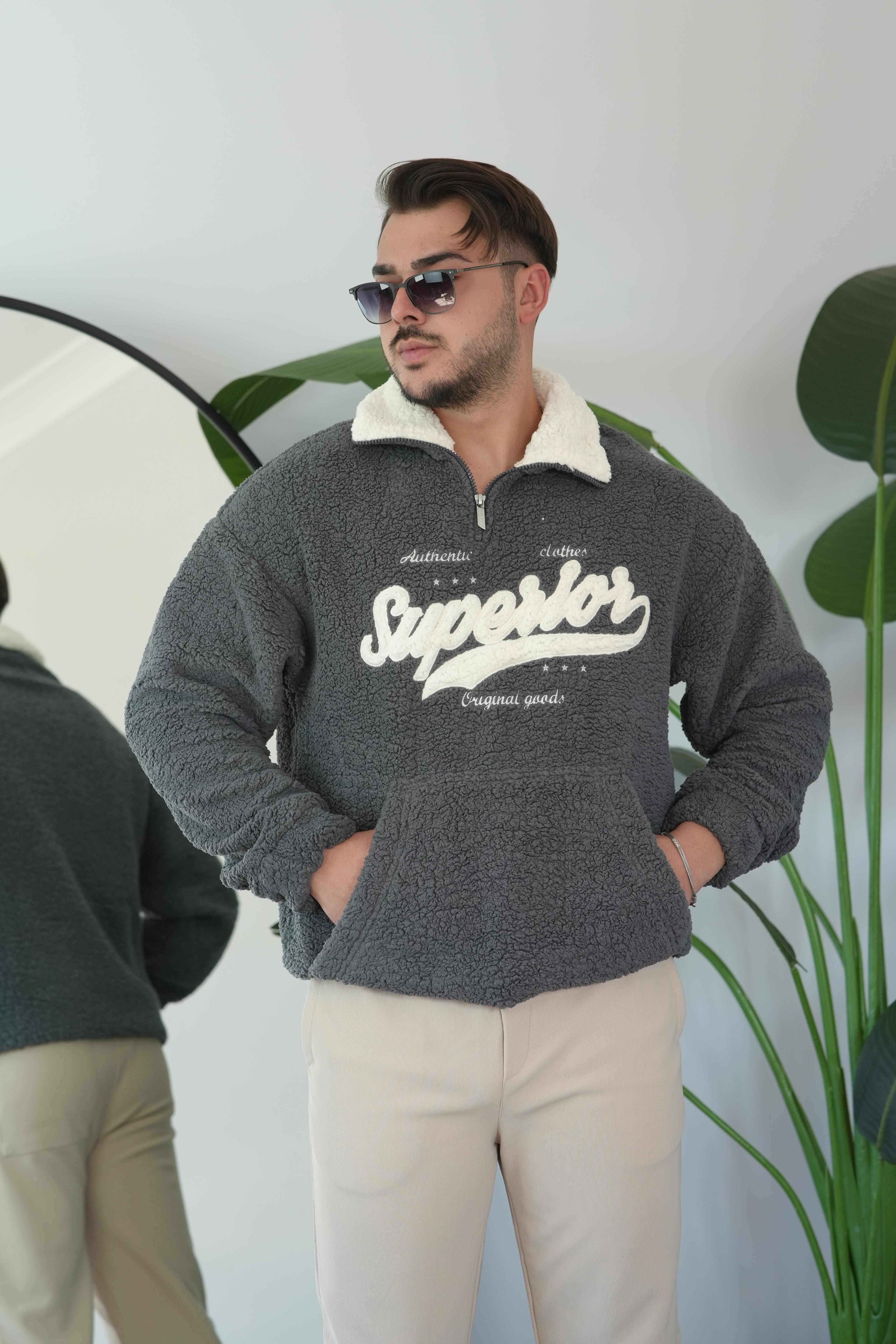 Peluş Oversize Sweatshirt - Gri