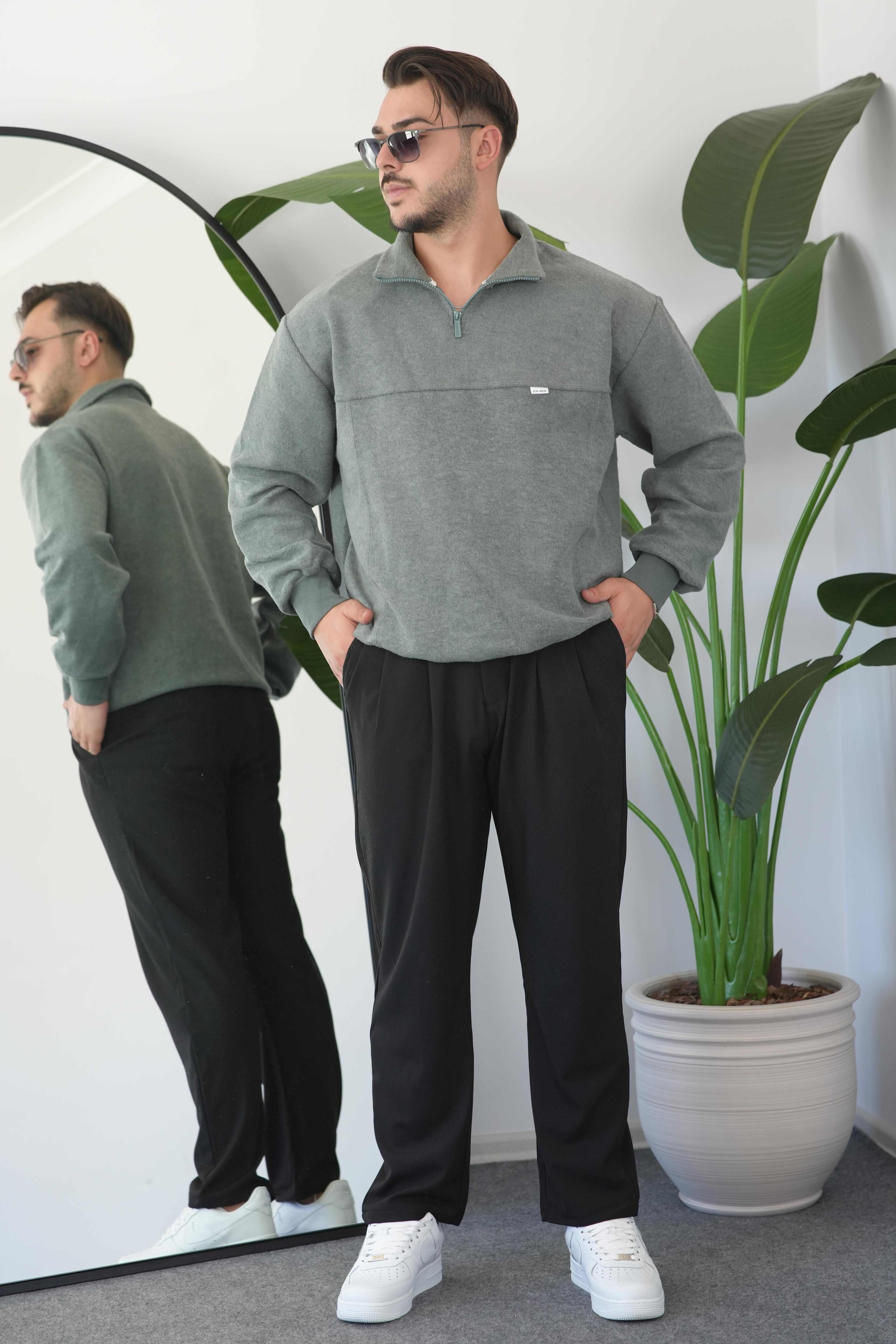 Sweatshirt Yarım Fermuar Oversize - Yeşil