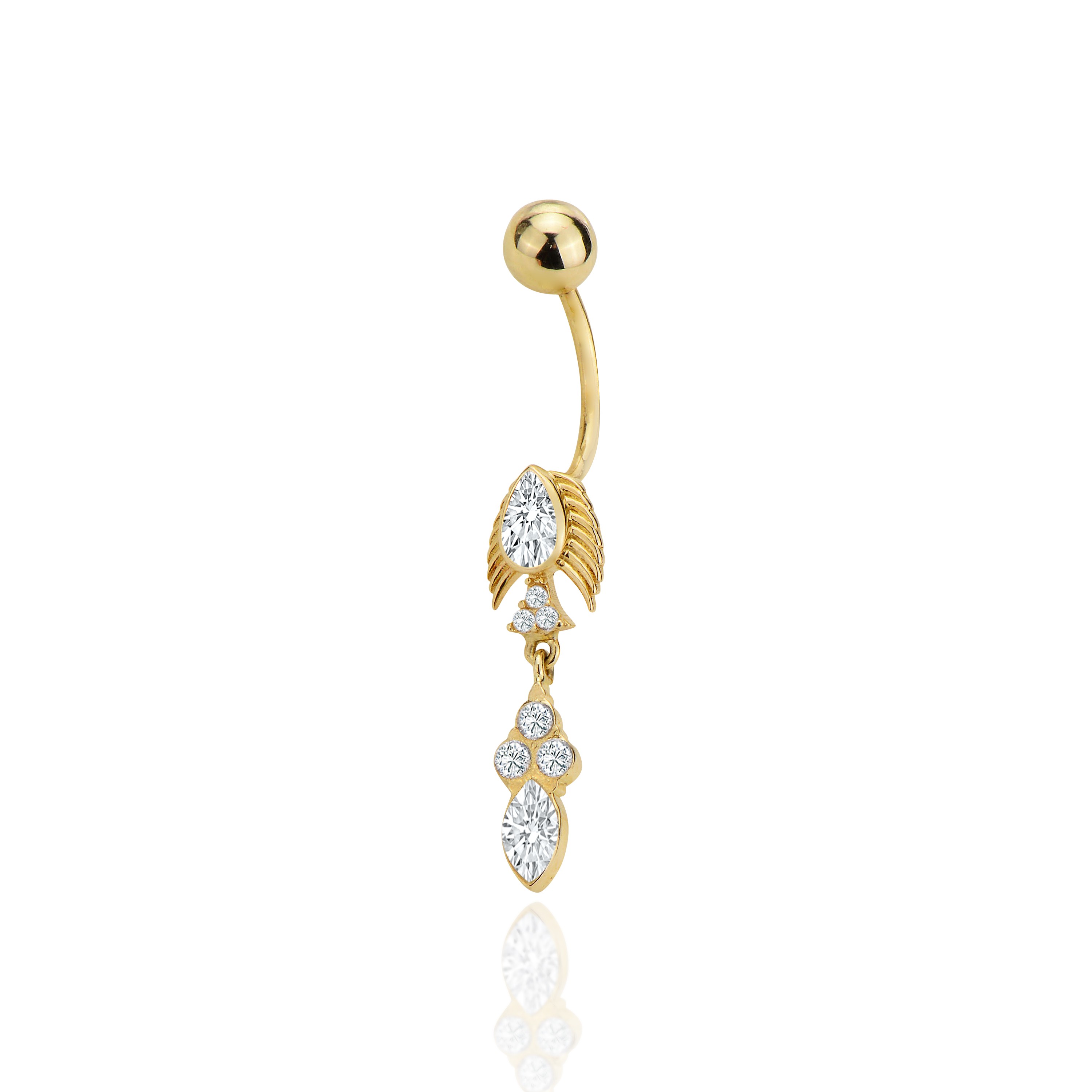 Tasarım top sallantılı damla taşlı göbek piercing - sarı altın