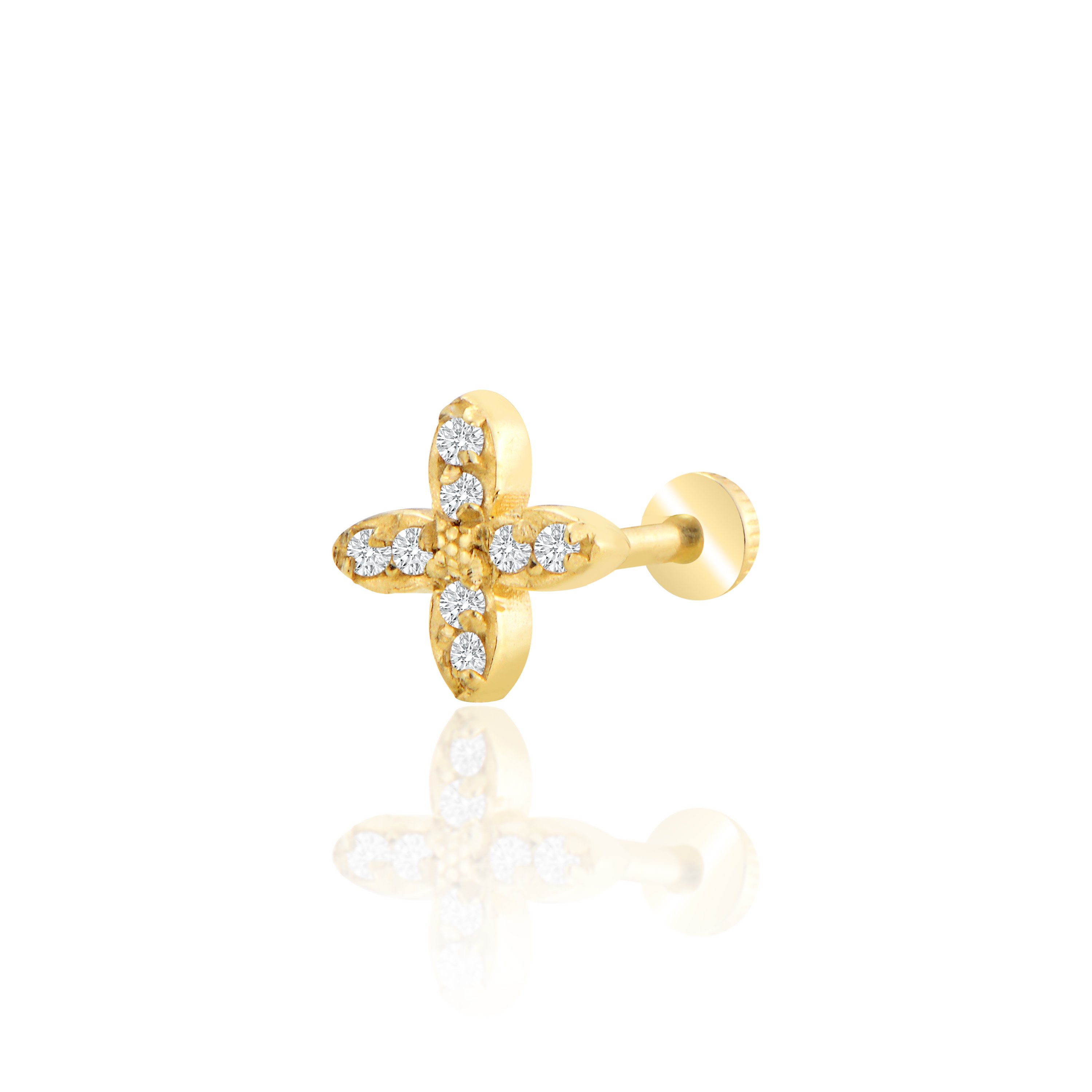 Taşlı yonca tragus piercing - sarı altın