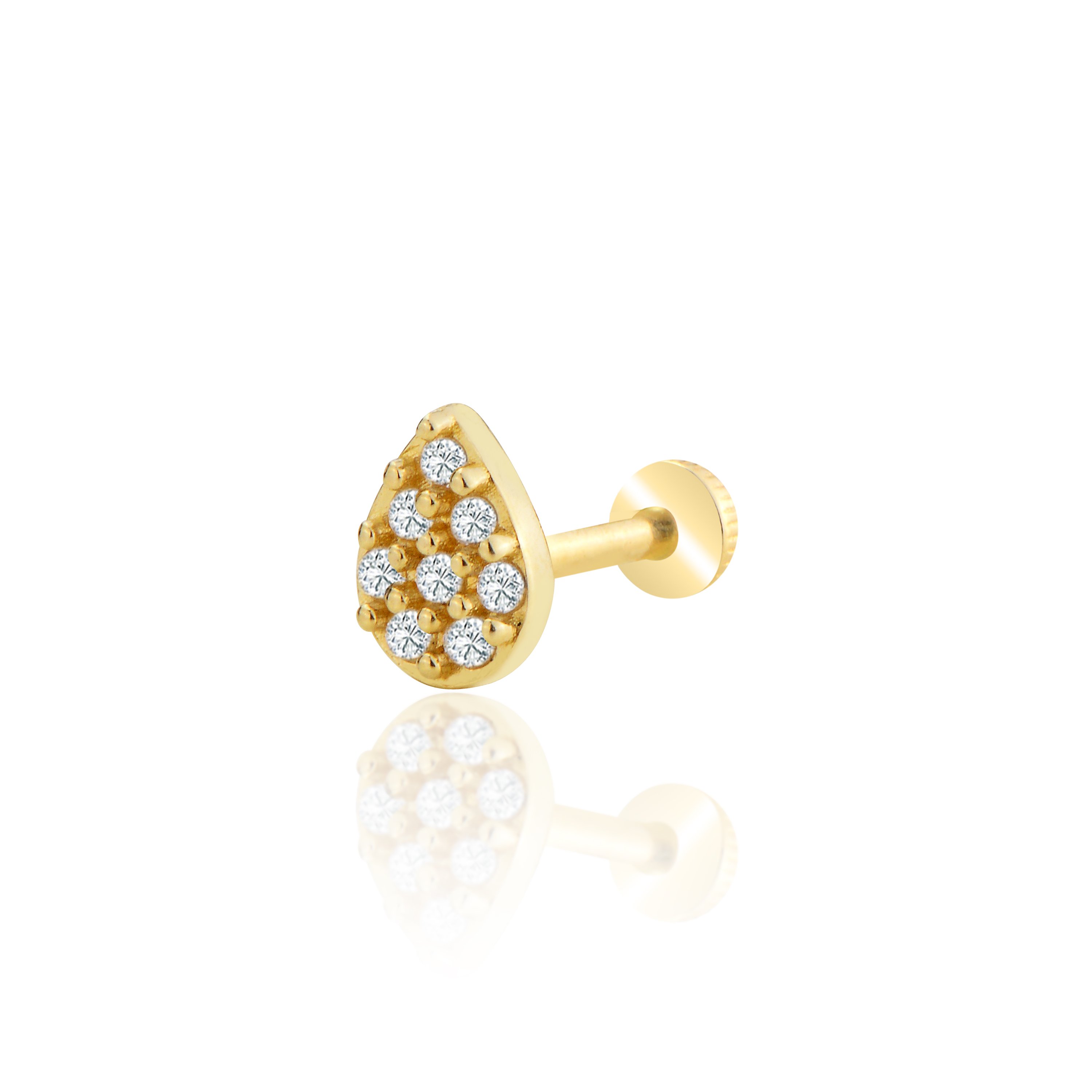 Taşlı damla model tragus piercing - sarı altın