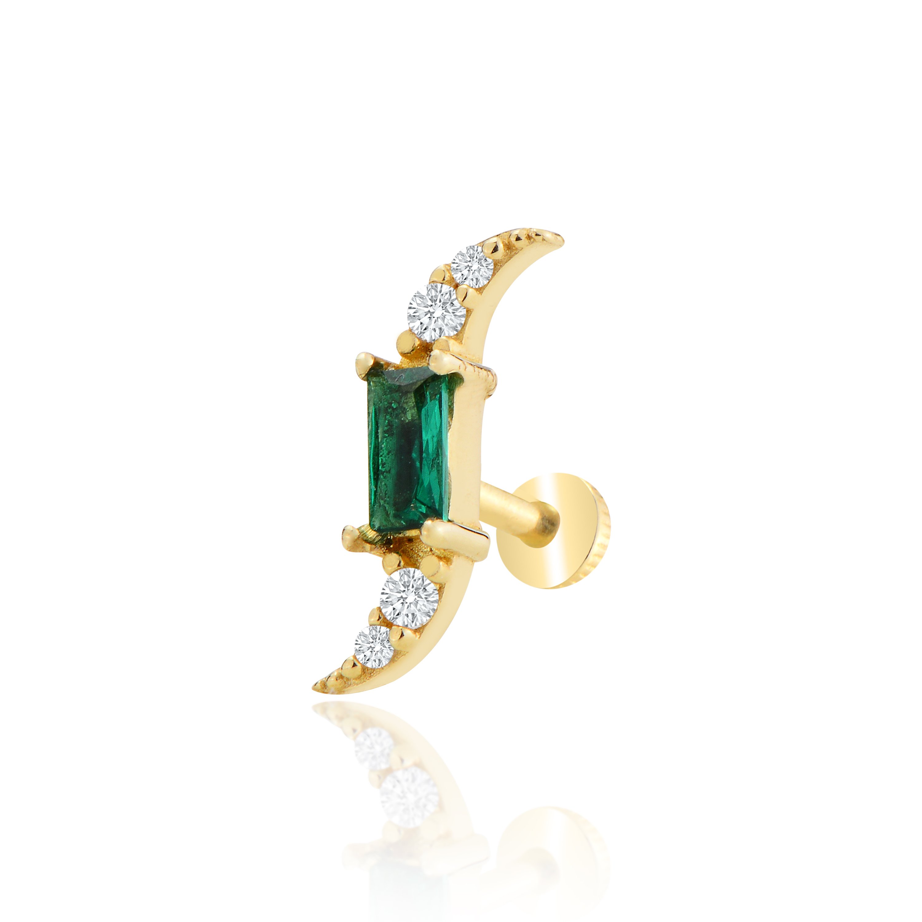 Yeşil baget taşlı tasarım tragus piercing - sarı altın